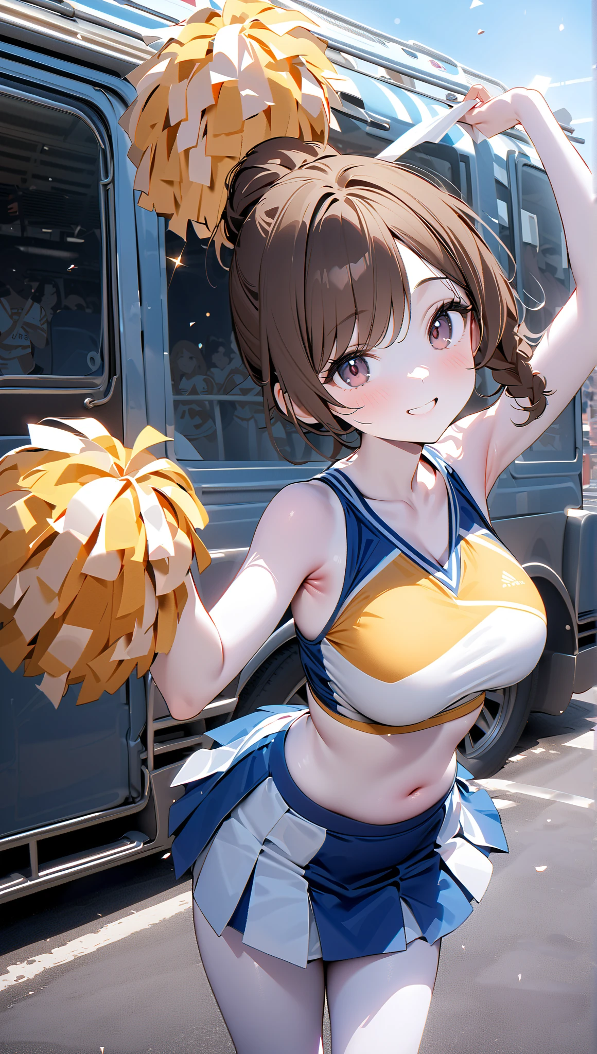 1 female,Black Hair,((12 years old)),(((White and blue sports bra and shorts)))(((blush、Laughing with your mouth open)),(((Yuki Mikan))),crowd(Girl&#39;s body type)(((Small breasts)))Squat,((Wet with sweat))Outdoor Play Area,Mansuji