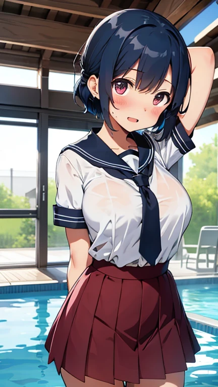 ((masutepiece,Best Quality)), hight resolution, Very detailed 8k wallpaper, Depth_In the_field, Best Shadow, (Colorful),(Delicate eyes and face), nice hand, Perfect hands, volumatic light, Ray tracing, BREAK
(1girl in), sixteen years old, hair: {Black hair, (Messy bob cut:1.2), Blunt bangs, [[Medium Hair]], (Big hair:1.2)} Purple eyes, Sharp eyes, Big breasts, slender, skinny, Happy, blush, BREAK,
(Clothes separated from the top and bottom), White shirt, (Sailor collar:1.2), (Red tie:1.3), (Wearing a white uniform over school swimsuit:1.2), (Close the front of the shirt), (White shirt covers the chest of the swimsuit:1.1), (Short sleeves:1.1), (Blue one-piece swimsuit:0.7), (white thighhig:1.2), lowfers, ((dark blue school swimsuit)), BREAK,
Cowboy Shots, Looking at Viewer, bare thigh, Night Pool,Night, Ultra detailed backgrounds,