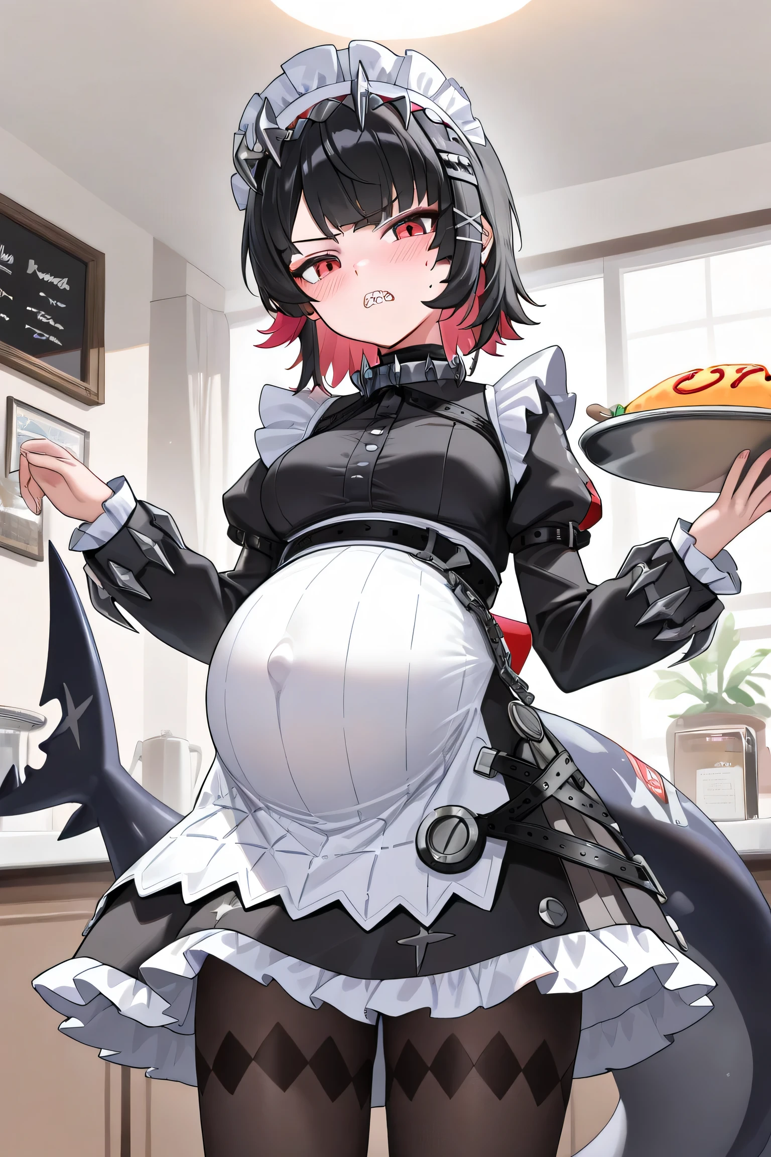 (Best quality, 4k, 8k, high resolution, masterpiece:1.2), ultra detailed, intricate details,SOLO,beautiful girl, alone, middle hair, black hair, bangs, red eyes, small-medium breasts, perfect smooth skin, looking at viewer, serious, head tilted, (Pregnant:1.2), Ellen Joe, at maid cafe, black stocking high-waist, open mouth, embarrassed, blush, maid dress, Shark Tail, hands squeze pillow, grinding teeth, (painful_expression:1.0), Standing, one hand hold iron tray containing omurice, 