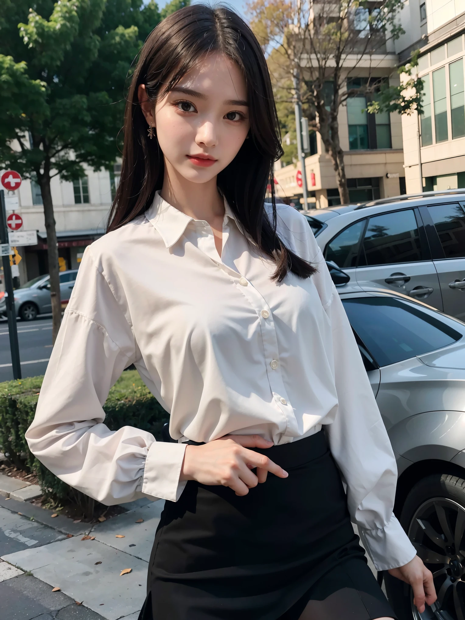 1 Girl,On the Street,Soft Light,Chinese Beauty,skirt,,Dark-haired,long hair