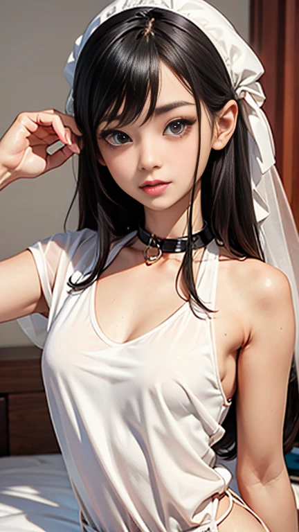 Optimal,masterpiece,High resolution,highest quality,hyper hd,Super detailed,award-winning,16k,alone,(cowboy shot)、cute face,,black hair、long hair、twin tails、 hair line,((scarlet eyes)),long eyelashes,drooping corners of the eyes,open your legs、slender legs、white skin,((Shoot from the front)), ((See-through camisole:1.5)), ((transparent nipples))、rocket tits , ((big breasts:1.2)),