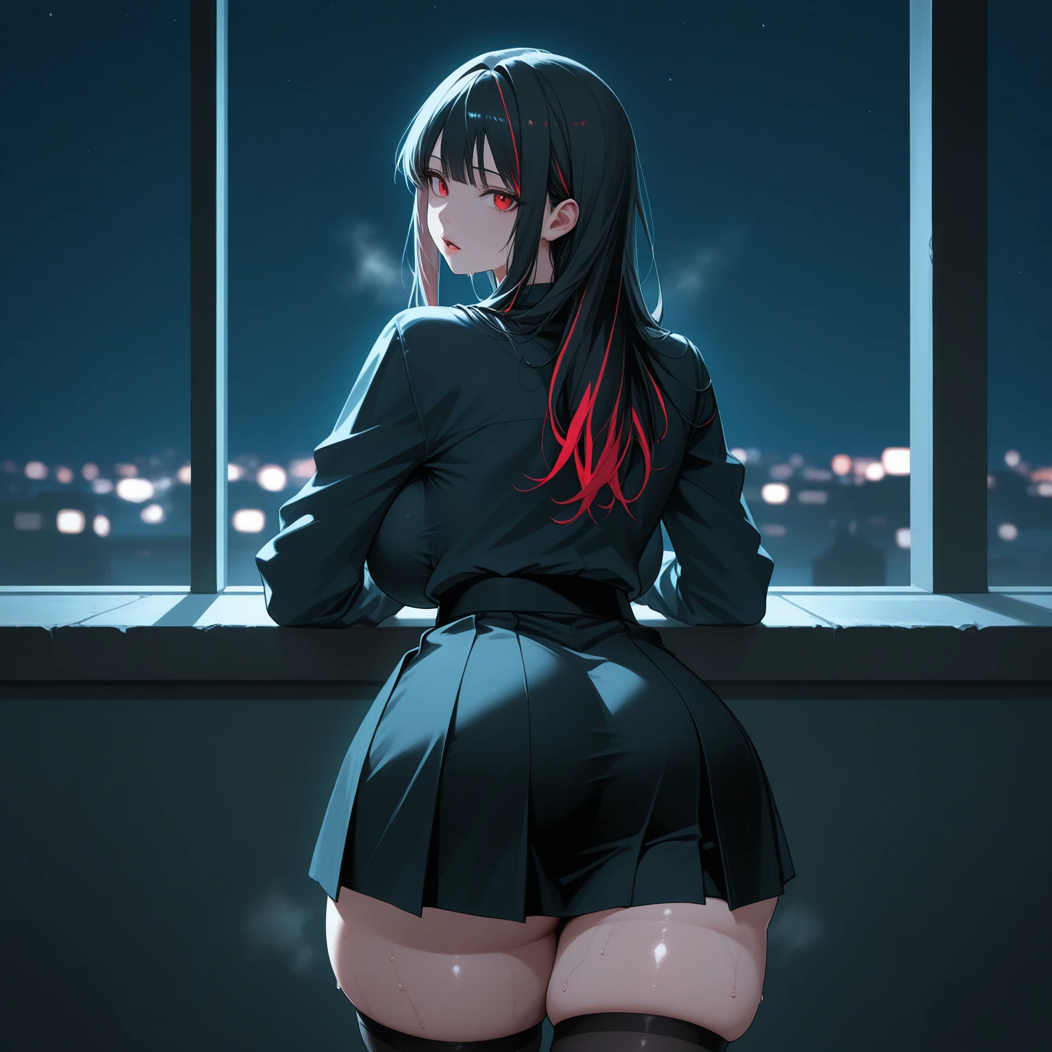 Late Night Tokyo、This is the rooftop of the tallest building in Tokyo.、You can look down on the city buildings from here.、1A girl stands sighing at the world、It's night now、サファイアのアクセサリーが付いている大きな黒いwitch hatを被っているCompletely nakedの女性、Completely naked、I can see her boobs, navel, pussy, clitoris and labia majora.、knee-length black stockings、Short dark blue loose lob hair、Small breasts、R-18 illustration、I can see the pink nipples、All dark blue hair、The inside of the hair is white、She is blushing with embarrassment