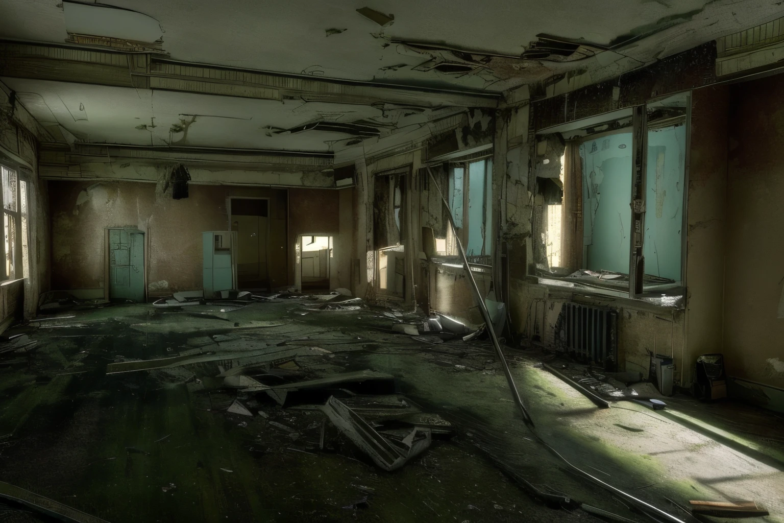 there is a room with a broken window and a broken pipe, in an abandoned office building, in a derelict house, in a desolate abandoned house, inside an old apartment, abandoned house interior, interior abandoned hospital, old apartment, lost place photo, dirty apartment, post apocalyptic room interior, inside a decayed hospital room, in a old house. hyper realistic