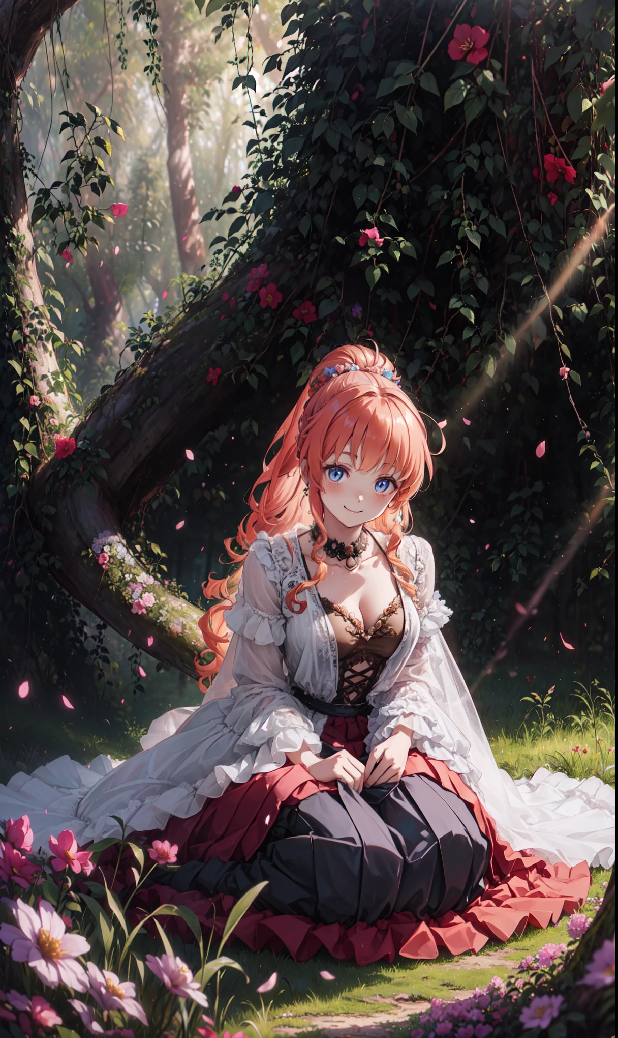 Miss, curls, Ponytail, Fancy Skirt Support , Red pleated skirt , ((( Large size))), Super Detailed Beautiful Eyes , hat, furry, pink hair, (( Smile)), Low-cut dress, loose t-shirt , Light Particles, Retro, forest, ((nature)), ( in the woods ), (((A decayed small room in the forest surrounded by flowers ))), sofa, (( Lots of brightly colored flowers )), ( fluttering petal), Sunlight Through Trees , Shallow depth of field , movie particle , landscape, SHINING LIGHT , Light Leakage , ( anime cute art style :1.3), (( Extremely Detailed Drawing , super detailed , Exquisite Quality , very high resolution)),