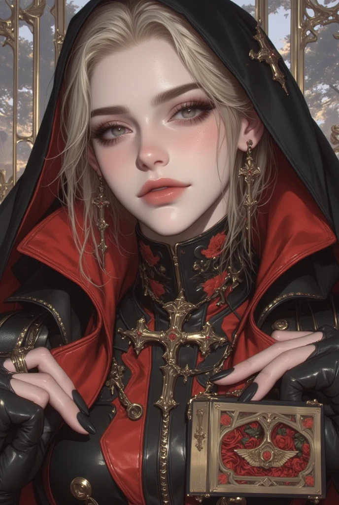 A half body, portrait of 3 girls German children long platinum blonde hair of 12 years, red leather jackets, holding in their hands a cross, background of chains, chain, more chains, many chains, , red, red fire, many background flames.
