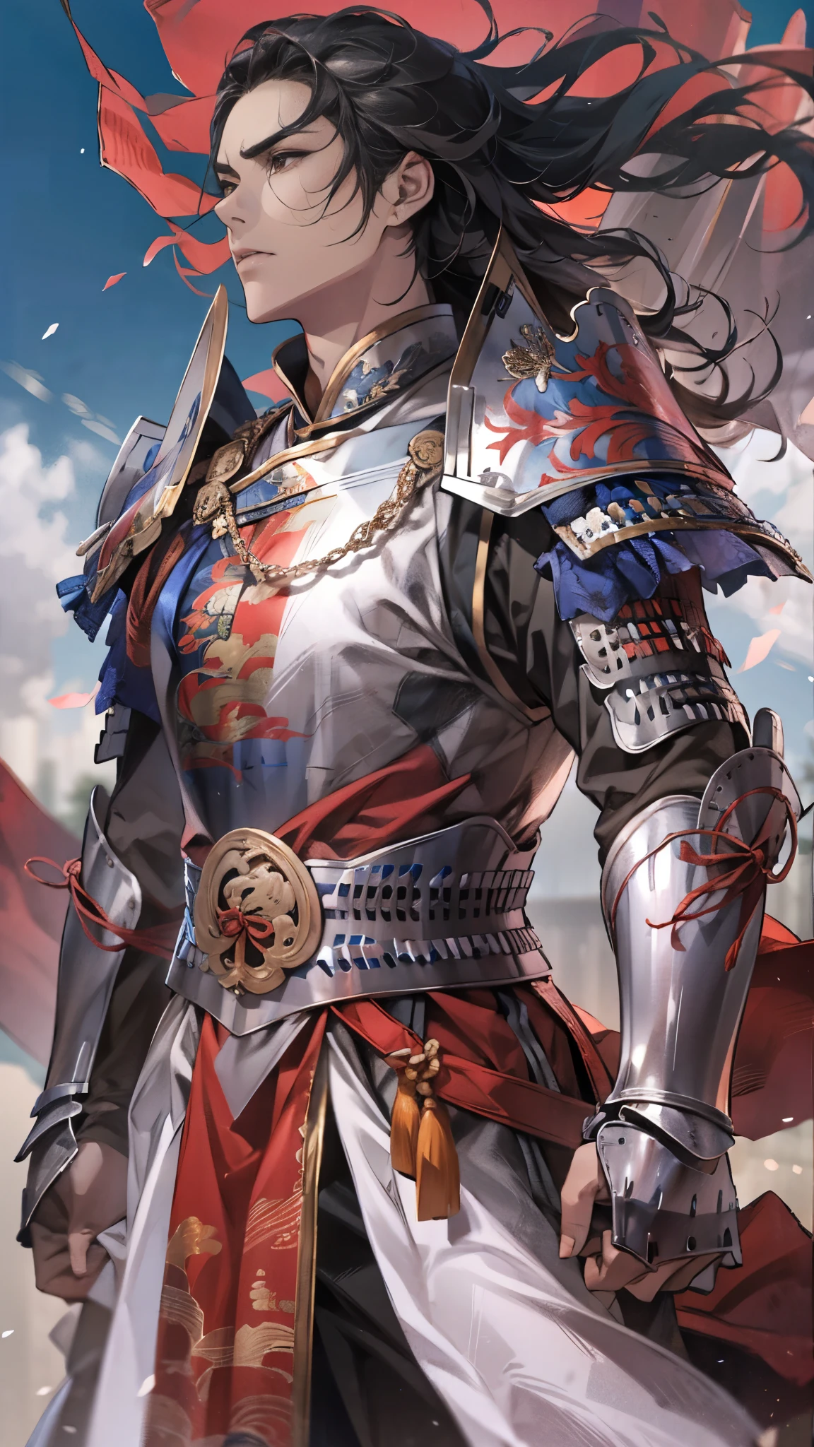 Epic digital painting of a young Chinese warrior in three-quarter view, wearing silver-black segmented armor with red fabric accents and sashes. Long flowing black hair caught in dramatic wind, determined expression with sharp features. Dynamic pose with crossed arms, muscular build. Ornate armor details with dragon motifs and metallic highlights. Background features blue sky with white fluffy clouds, distant mountain peaks or castle towers. Red battle flags or banners flowing in wind. Lighting: bright daylight with strong contrast, casting dramatic shadows on armor. Art style: semi-realistic digital painting, high detail, sharp clean lines, cinematic composition, high fantasy aesthetic. Include fabric physics simulation for flowing elements, metallic reflections on armor plates.