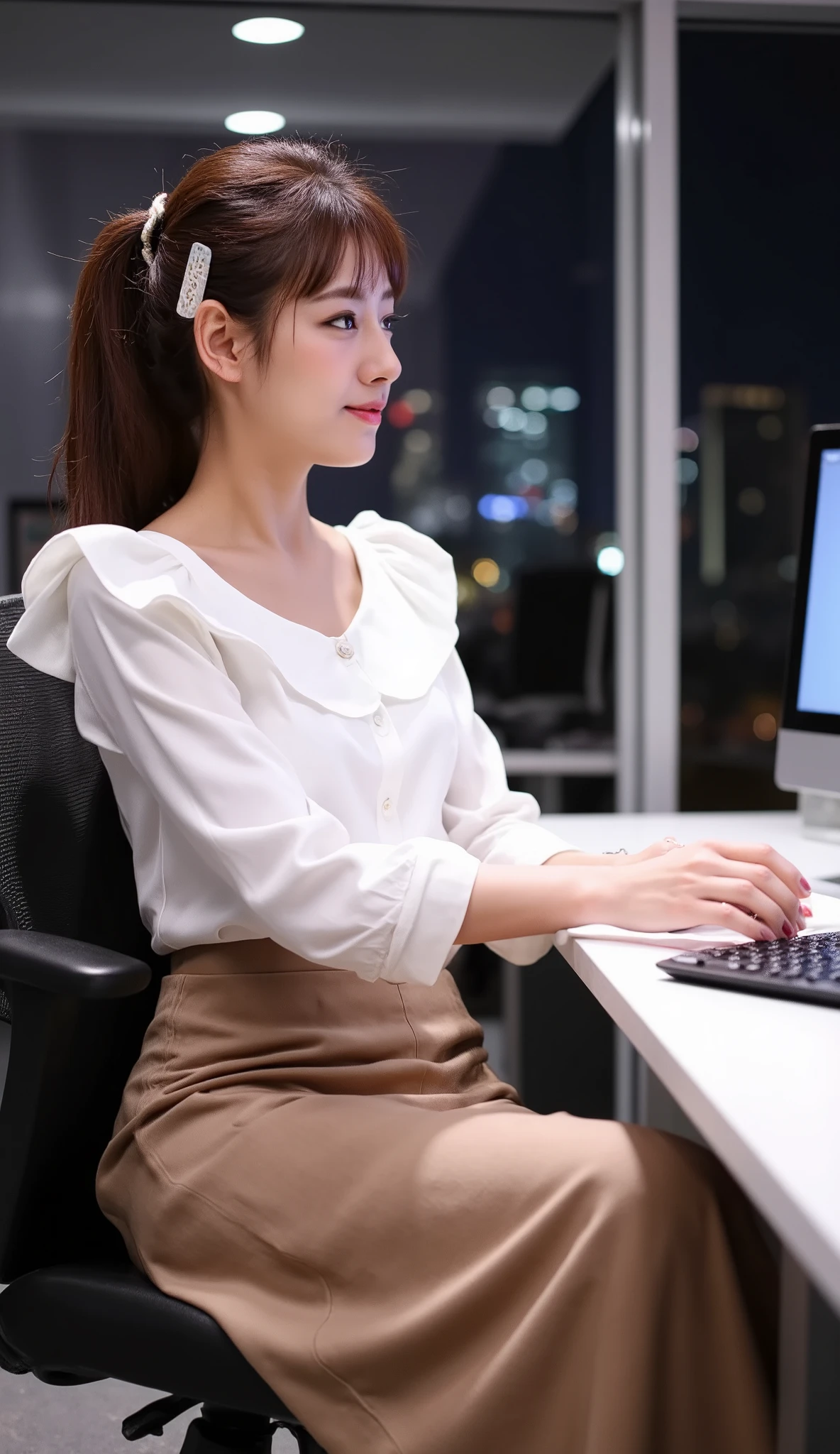 masterpiece、highest quality、8k，Ultra-high resolution、RAW Photos、Ultra-high resolution、日本people、beautiful girl、１people、woman, (Braided top knot,Twisted Side Part Ponytail Braided Headband,Half Up、Braided Space Van,Voluminous fishtail braid,Twisted pan),(Asymmetrical bangs)、 (Ultra-realistic),Round face、 Fine and beautiful eyes、double eyelid、Thin eyebrows、(eye shadow(Shrimp brown))、Rich dreamy make-up、Thin lips, (Loose fitting blouse)、 (Micro Mini Skirt(Light blue))、A kind smile,  Professional photography, Cinematic Light, (Very beautiful face: 1.2),(Large Breasts:1.2)、Saggy breasts、Cleavage、Exposed thighs、Voluptuous thighs、Smooth calves、、daytime office、In front of the computer、sitting in an office chair、Head to knee photo