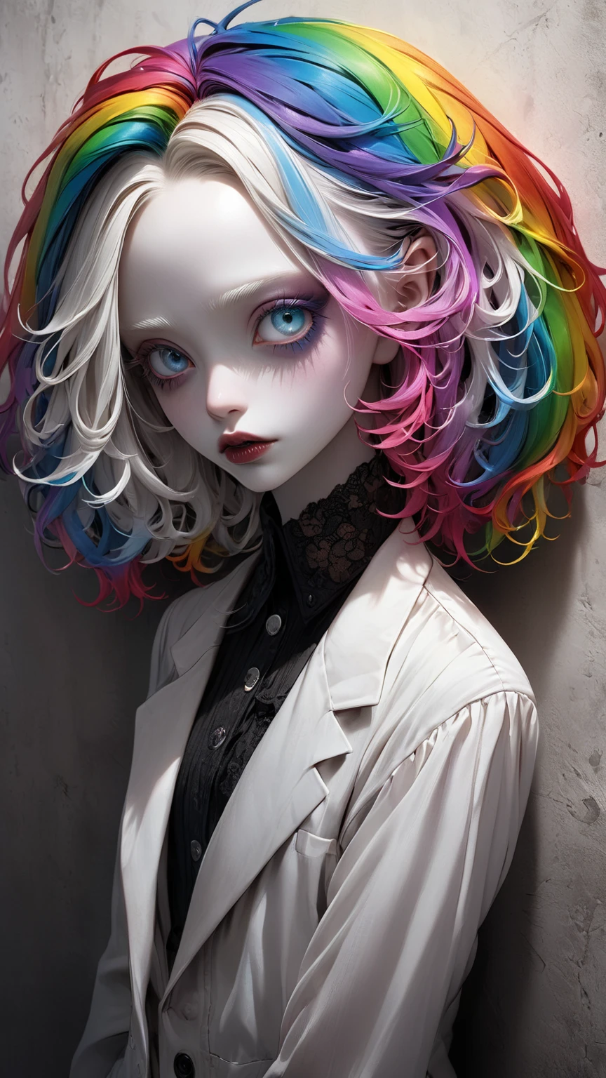 a close up of a child with colorful hair and makeup, colorful and dark, colorful, colored photography, evil. vibrant colors. cute, goth clown girl, color photograph portrait 4k, colorful photo, cute face. dark fantasy, with haunted eyes and crazy hair, colorful hairs, with haunted eyes and wild hair, highly contrasted colors, color portrait