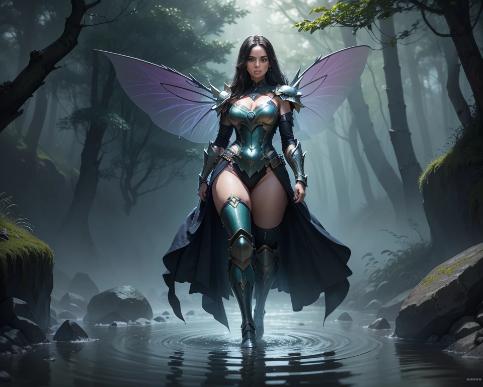 ((a black fairy with a mechanical arm wearing alternate costume of torn green leaf)), translucent, shy and seductive wings, full body, natural pose, art by Luis Royo, freedom, digital illustration, (steampunk style), perfect anatomy, symmetrical face, well-formed eyes, beautiful face, goblin ears, well-defined hips, with a belt with several pockets, centered, approaching perfection, dynamic, highly detailed, watercolor painting, art station, concept art, soft and sharp focus, illustration, unique, award-winning, masterpiece, ((transparent clothing))