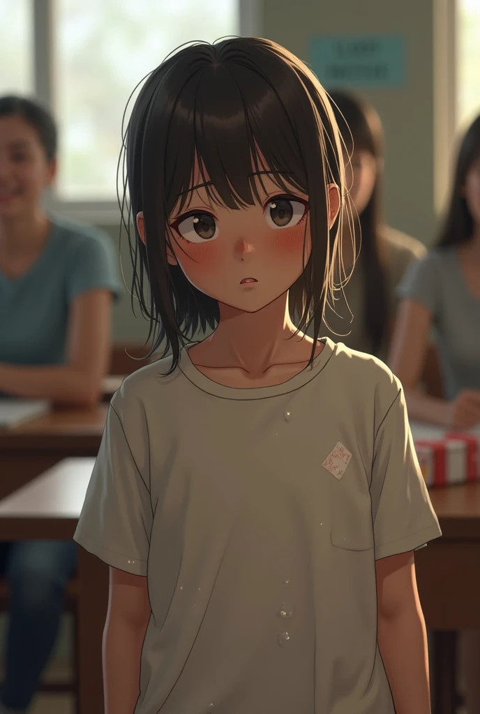 A girl wearing a sleeveless school uniform in the hottest summer ever and her eyes are up and hands are on the head, weight average and her armpit are seen