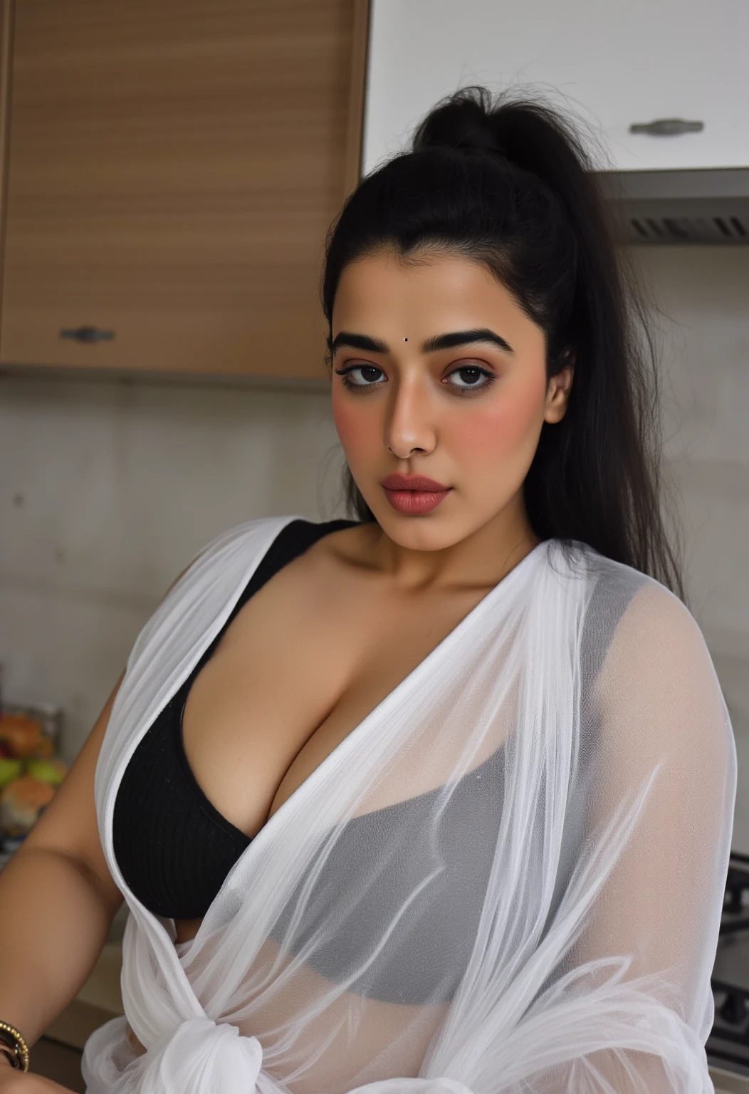 Kriti sanon, glasses, sexy maid costume, sweeping floor, seeing up in shock, look front