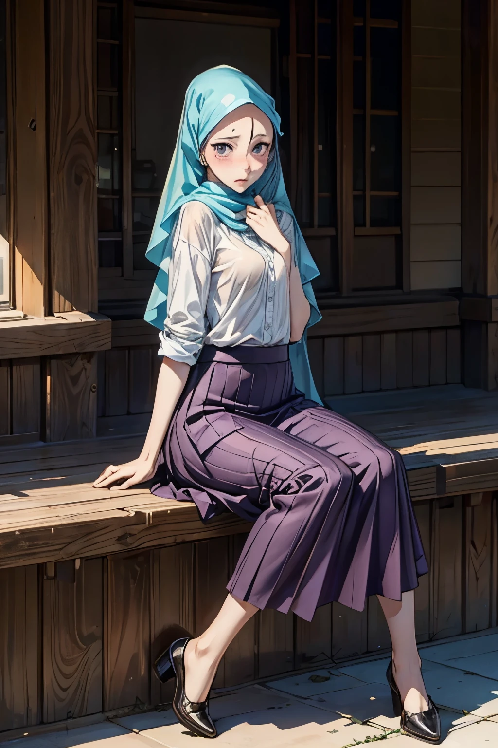 masterpiece, hyper-realistic, Hijab, Perfect Long Skirt, Shirt, Twirl, Blushing, Sitting, transparent, sad