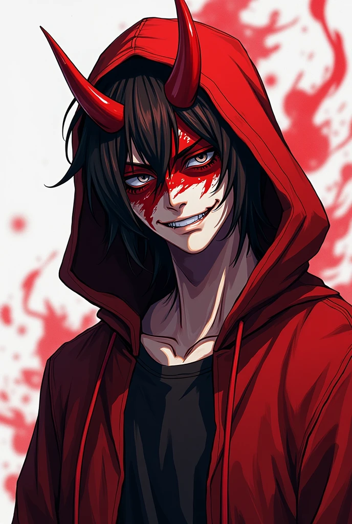 A teenage male he is wearing a red hooded cape with black web detailing, your skin is completely greenish-white, his lips are gray and he is not wearing a shirt, showing his muscular body. His eyes are black with red, your hair is brown, but on the front it is white. On his right shoulder he has a little hand He is at a Halloween festival eating Halloween candy. The image has to be in hot anime.