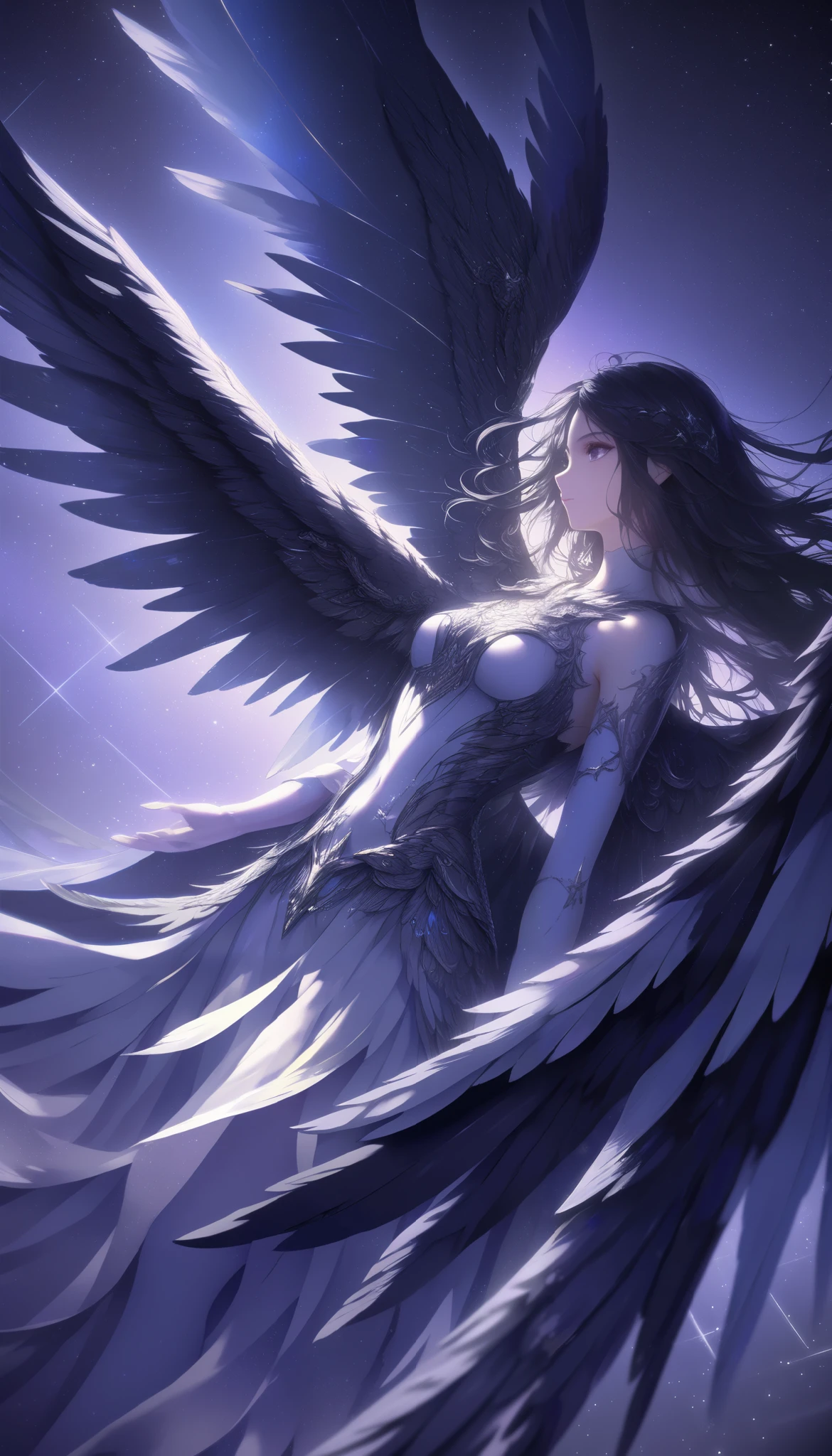 (from above: 1.5), panorama, look up at lens, chiaroscuro, vanishing point, cool tones, optics, (((path glow: 1.5))), film photography, top photo masterpiece, anti-aliasing: 5D, evil, darkness, night, full body view, completely, gray ceramic skin, kneeling posture, 1 angel, glowing feathered wings, pray with hands, close eyes, black hair, short hair, shining halo of angels,