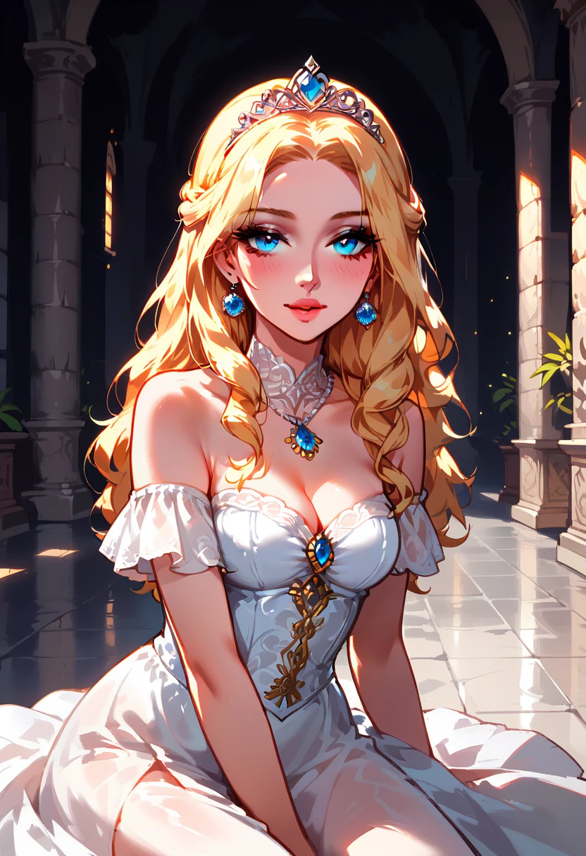 One girl,In the great castle hall, Princess ,((blue eyes)), blonde, pink strapless dress, Long Hair, Earrings, necklace, 15 years old, Flowers on the dress, lipstick, Portraiture
