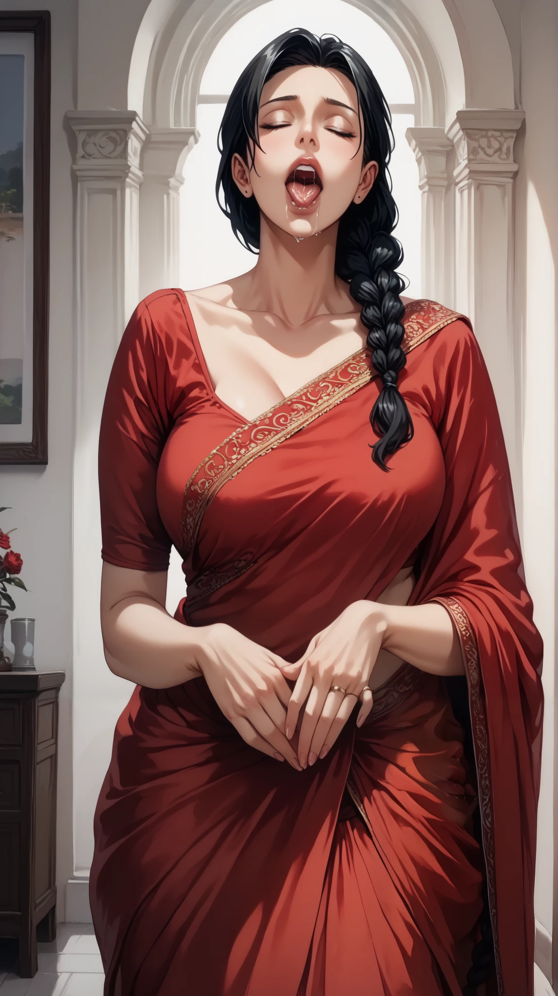 A mature woman in ((Black Hair)), ((Braid)), breasts, Eyes, Anime Style, in ((red saree with matching red blouse)) ,((front view))1girl,Parted Lips, Tongue, with saliva ,Closed Eyes, ((full body view))
