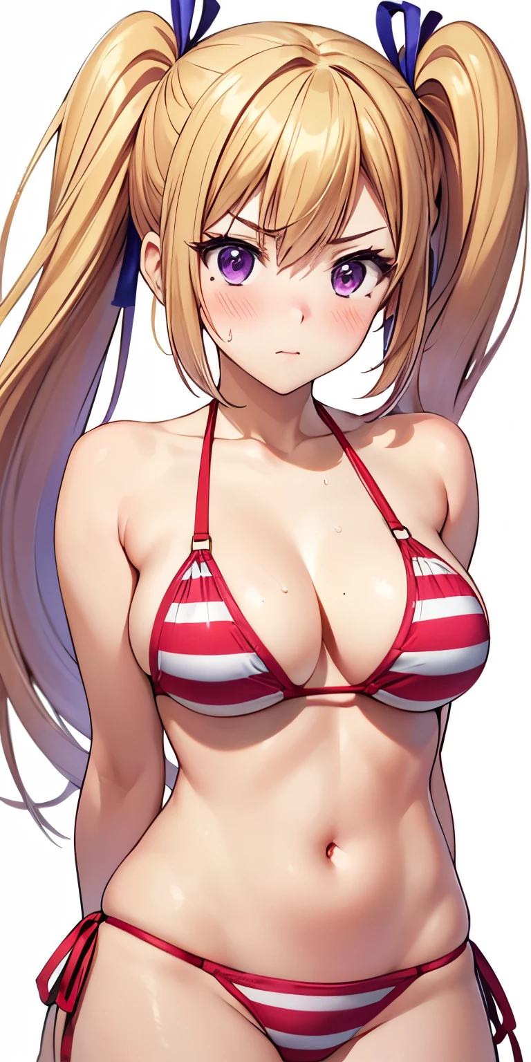 1 Female,High definition,high resolution,Ultra-realistic,8K,1woman,1girl ,kawakami_mai,  blonde hair,  long hair, side ponytail,  purple eyes, large breasts,ribbon, hair ribbon, mole under eye,sexy woman,blush,striped bikini, red bikini,European,sexy,Photographed from the front,Dynamic Angles,blush, (medium tits),(cleavage),cute face, facial, sweat, perfect face,  perfect body,(wide thighs:1.3),cute face,(upper body),(arms behind back),(white background),nsfw, angry 