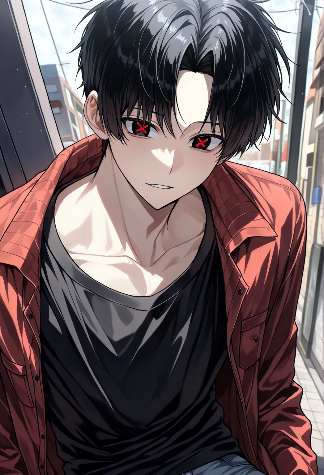 realistic, 1 boy, short black hair, angry, bounty hunting clothes, wet clothes, deteriorated clothes, red eyes, hood covers half of his face, chest perspective to face, looking at the camera, night, alley, rain (masterpiece)