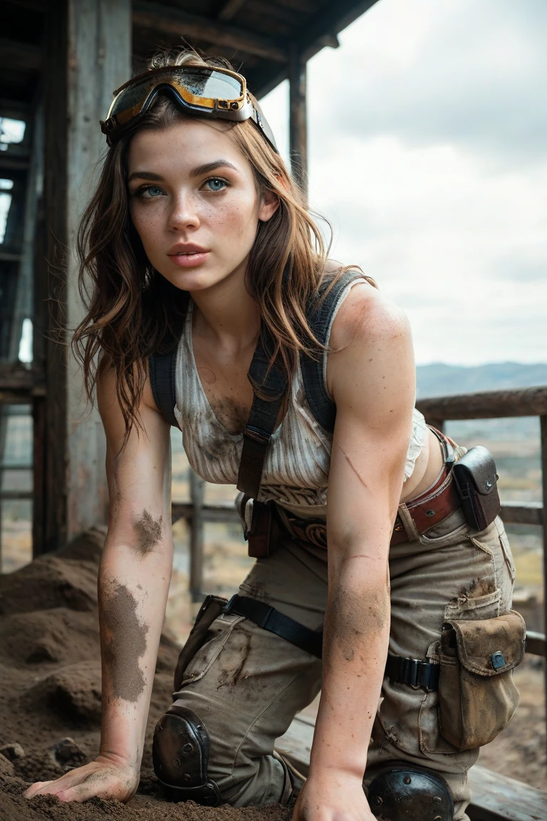 (from_below:1.2), (modelshoot style), (detailed face), ((woman mechanic wearing tattered worn-out stained military overalls)), covered by overalls, (sitting in tight cramped greasy cockpit of a post-apocalyptic hydraulic exoskeleton), sunset, grunge, oily, sweaty, dirty, ripped