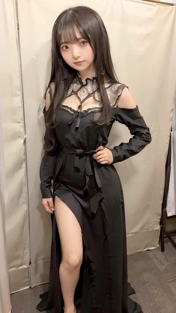 best quality、brown eyes、Slender、tall、8k、girl, highres,black hair、long hair、Hotel、room、black bra、black floral long skirt、standing position