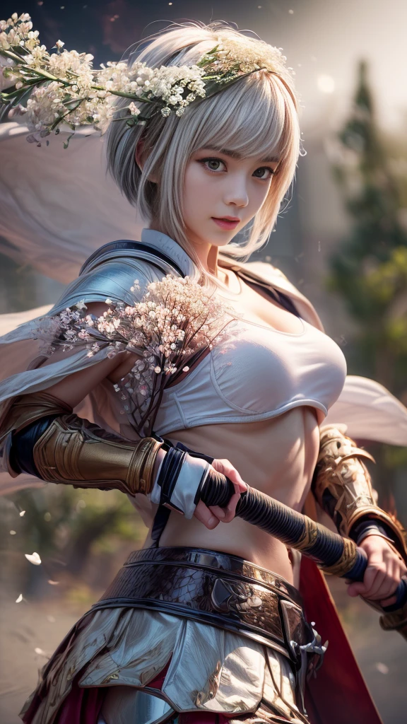 Create an image of Riven in her 'Championship' skin, massive k-cups,adorned in prestigious, battle-worn armor with championship insignias. Riven is activating her 'Blade of the Exile' ability, with her sword glowing a brilliant blue and energy crackling around her as she readies herself for a decisive attack.