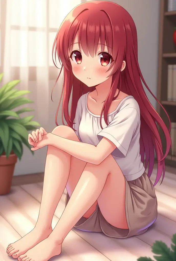 cute anime girl with soft red hair and burgundy eyes sits on the floor and shows us her foot