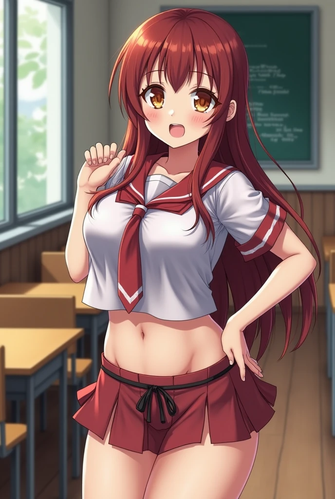 Masterpiece,best quality,Solo, Sakurauchi riko, long hair, blush, love scene, skirt, sleeveless, pleated skirt, standing, serafuku, grey skirt, uranohoshi ,side breast,navel,thicc thighs, lovely smile, sweaty ,big breasts