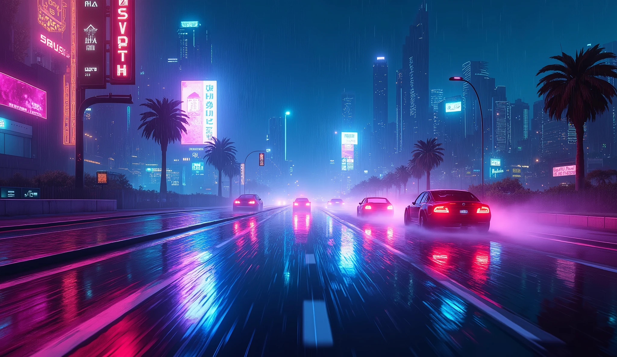 very-low-angle first-person view from seated position, midnight highway, heavy rain,  
neon-lit retro cityscape, synthwave traffic passing by at high speed,  
perspective as if sitting in an invisible car, raindrops sliding down screen edges,  
wet asphalt reflecting cyan and magenta neon lights, glowing road dividers,  
retro cars with glowing underglow (purple, teal), holographic billboards flickering,  
distant skyscrapers with geometric neon patterns, blurred palm trees on roadside,  
dynamic motion blur from passing vehicles, cinematic depth of field, fog illuminated by headlights,  
art deco traffic lights, puddles splashing from tires, retro-futuristic atmosphere