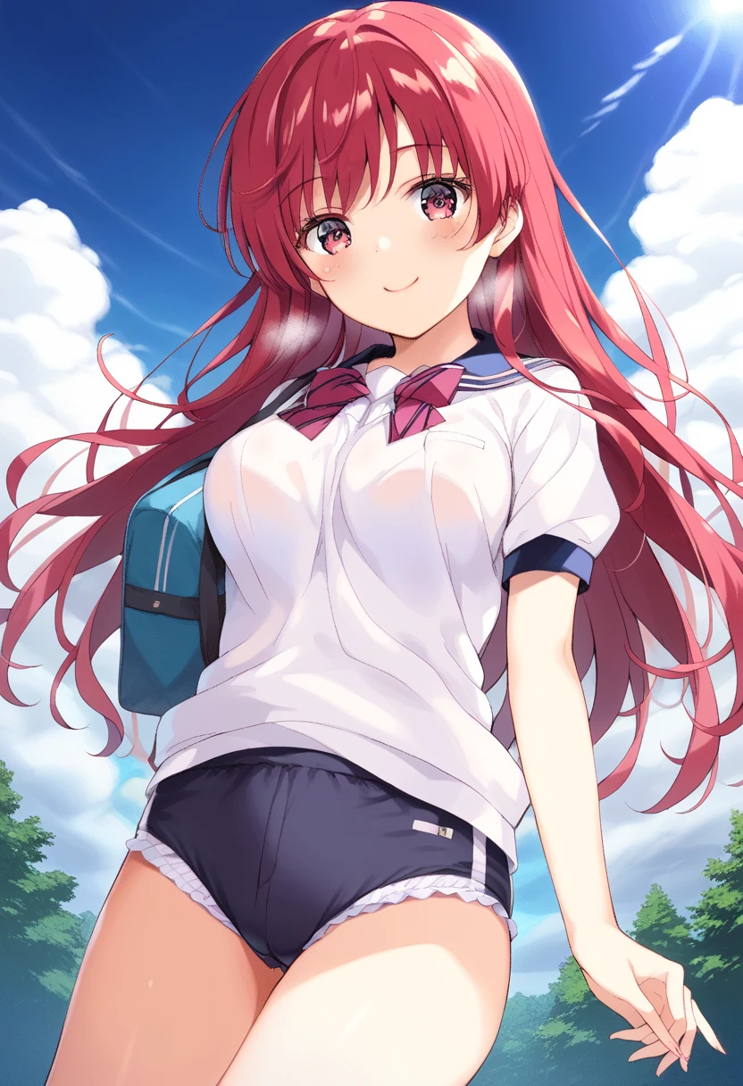 1girl, solo, anime coloring, 
long hair, pink hair, red eyes, seductive smile, small breasts, white shirt, red bowtie, hairclip, 
field, blue sky, 
masterpiece, best quality, very aesthetic, absurdres,Skirt fully visible、Stripes々Panties、Panties in full view、Skirt fully visible、Without skirt、Panties fully exposed