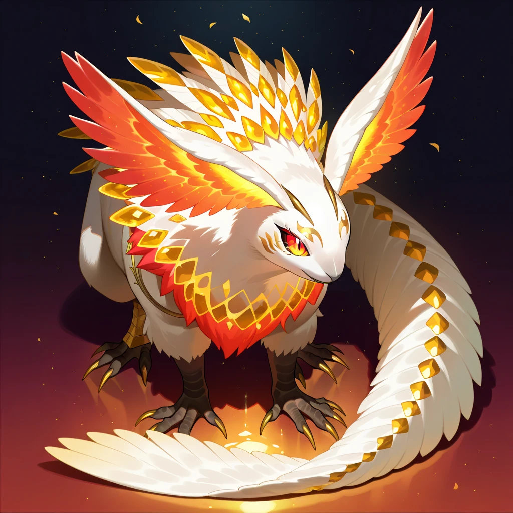 (masterpiece), best quality, solo, creature focus, Lagombi Angelmon Fire, pink-orange white and gold color palette