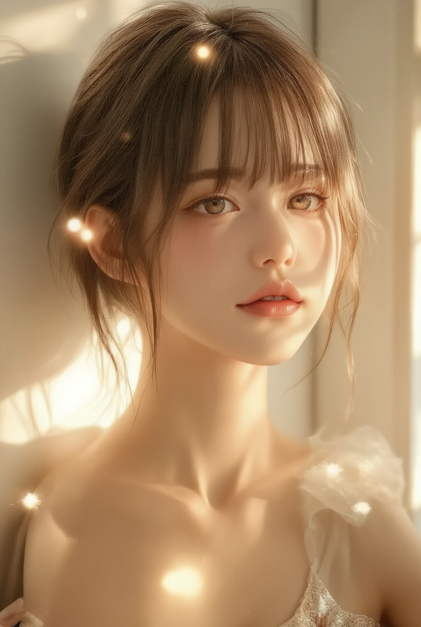 masterpiece, best quality, ultra-detailed, photorealistic depiction, intimate and cinematic composition, wearing an elegant outfit, her shy expression captured with lifelike precision, soft, short dark brown hair styled elegantly, leaning gracefully against a white wall, her pose tender and reserved, glowing under the warm, soft light of room.
Dramatic lighting enhances the contrast between the warm tones of the room light ,creating a harmonious balance. The shadows are soft and dynamic,The air is filled with a romantic and nostalgic vibe, emphasized by swirling particle effects of fireflies and faint glowing sparkles, adding a touch of magic to the scene.
(the composition frames her face in profile and upper body,10 pixels of blank space on the screen),
The composition exudes elegance and emotion, blending traditional Japanese aesthetics with surreal, dreamlike qualities. The use of glazing and airbrushing techniques enhances the depth and softness of textures, while dynamic lighting and vibrant color grading heighten the dramatic and cinematic atmosphere. The overall ambiance is a perfect harmony of serene beauty and vibrant energy,