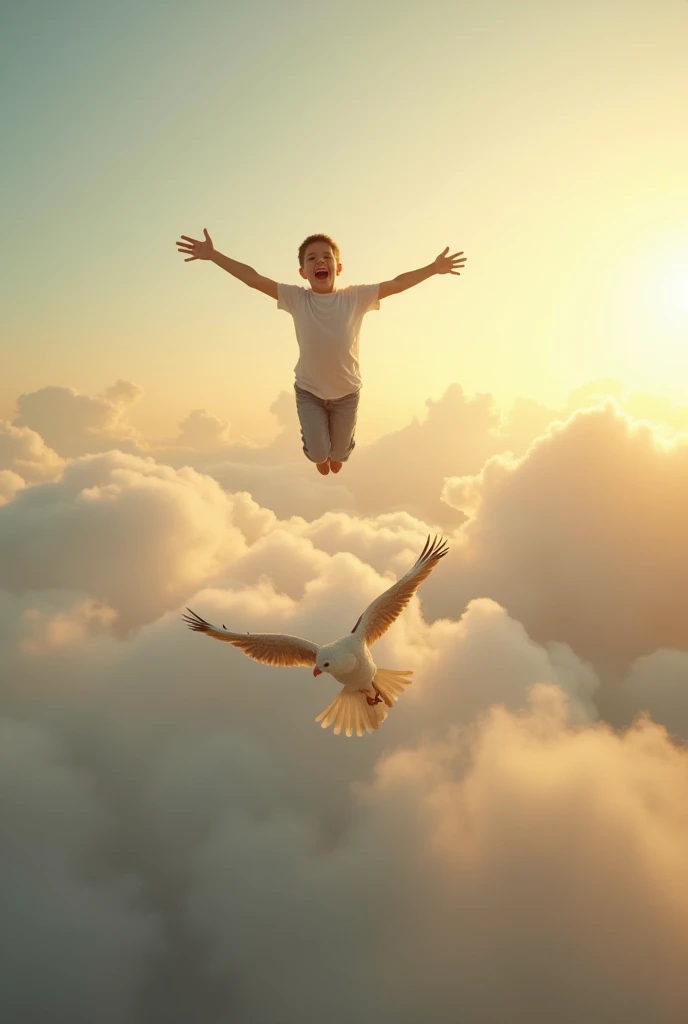 Boy starting to fly in the sky on clouds, expression full of surprise and joy, vast blue sky