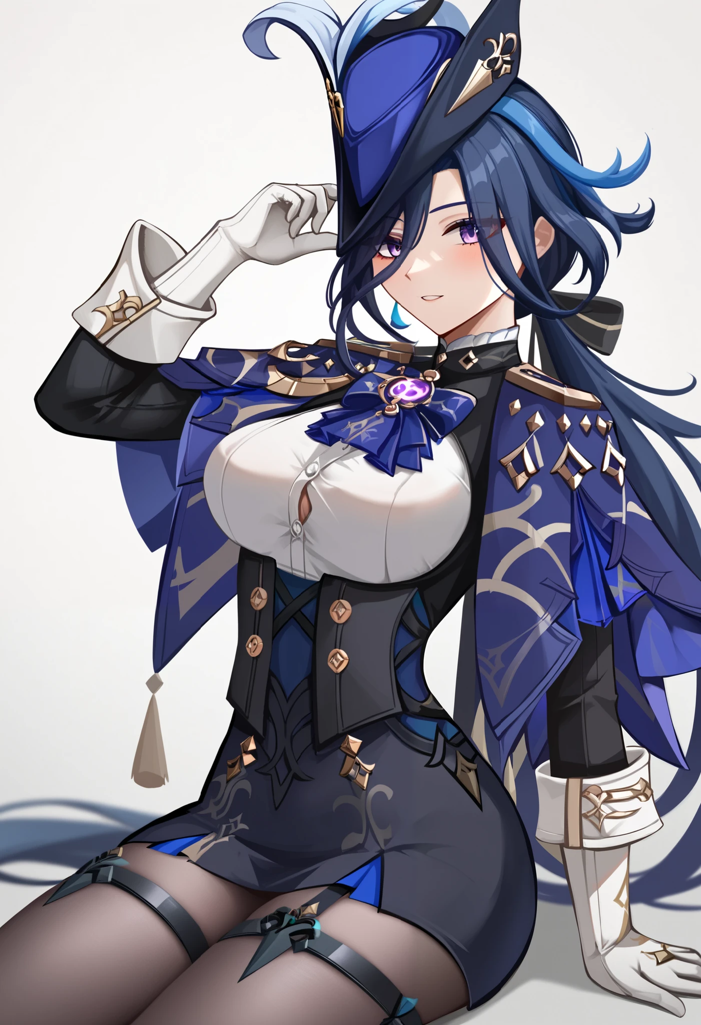 score_9, score_8_arriba, score_7_arriba,1 girl, Alone , big_breasts, visien _\(Genshin_impact\), pending, absurdities, highres, hen_feenher, thousand_en_own_ Hips, blue_hen, blue_cable, Clorinda _\(Genshin_impact\), looking_en_ spectator, corset, white_Gloves, tricorne