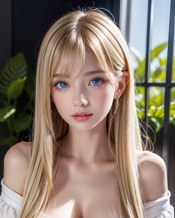 1girl in, naked, Full body shot, Oil Painting, Modern, The most beautiful girl in the world at 、Realistic proportions, lush lips, Blue eyes, Beautiful beautiful blonde hair, Super long straight hair、Disheveled bangs over the eyes、Pure white beautiful skin、glowy skin、Beautiful face, Round face、Symmetrical face, Symmetrical eyes, Dynamic Pose, Convoluted, Intricate details, Sharp Focus