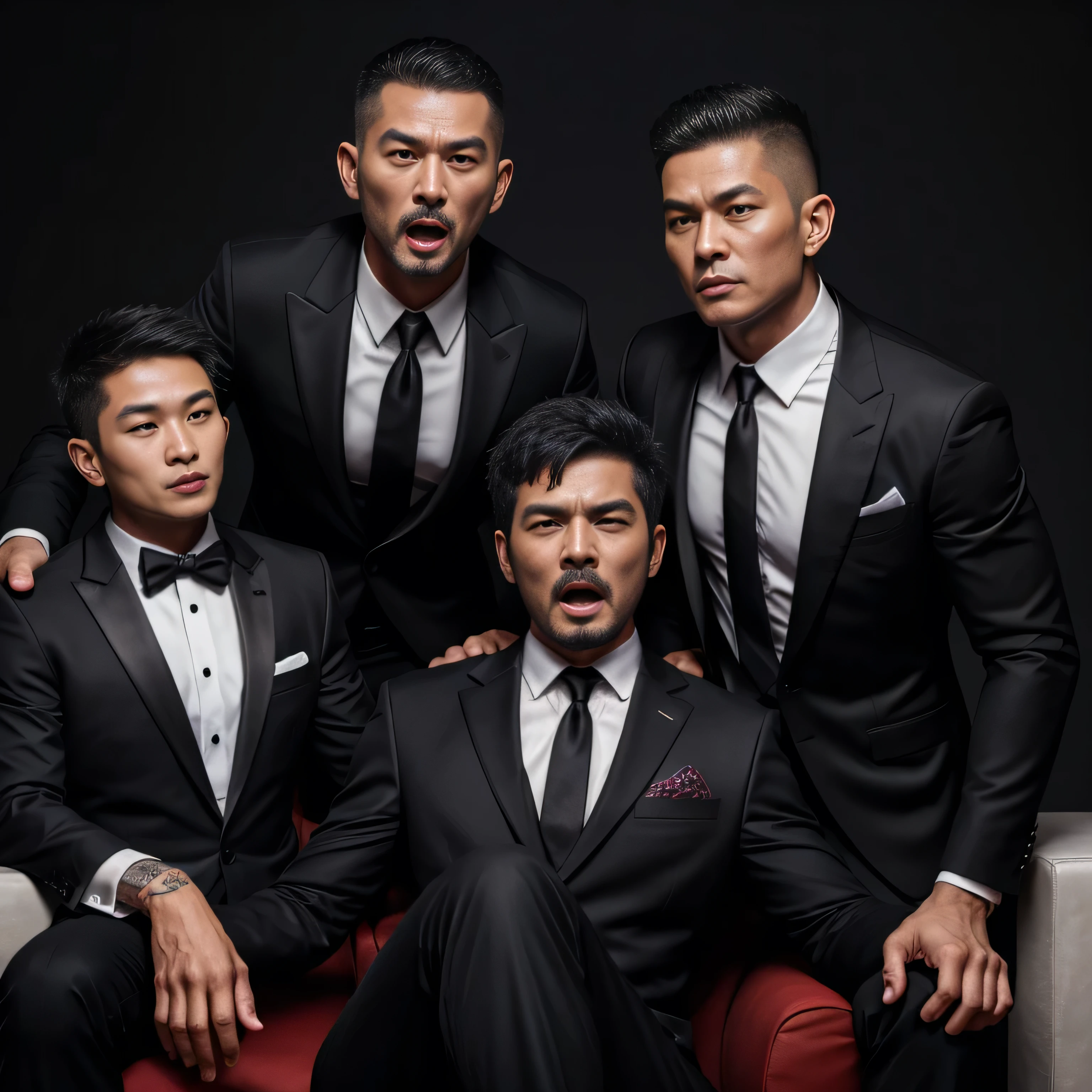 30 years old,Three tall men,、Black Shirt、Red tie、dojo Menacing look、logic, Gay,Very short hair ,Japanese Face,、 Stubble、 Upper body close-up、Seen from below
