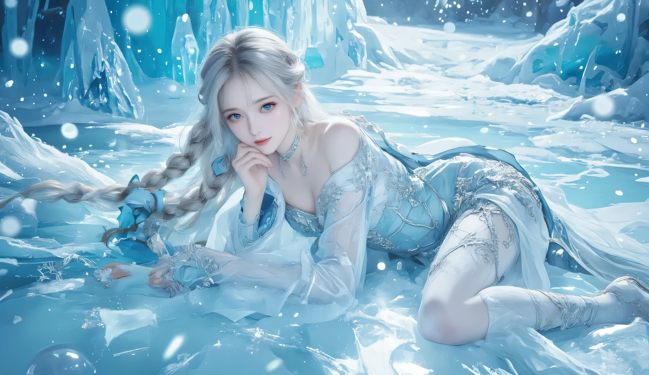 A stunning ice queen with long platinum blonde hair styled in an elegant braid, lying gracefully on a frozen surface surrounded by shimmering ice crystals. She wears a breathtaking, form-fitting icy blue gown adorned with intricate frost patterns and delicate snowflake details. Her piercing blue eyes gaze softly, exuding an aura of elegance and mystery. The background is a mesmerizing winter wonderland, illuminated by ethereal, cool-toned lighting that reflects off the ice, creating a magical, dreamlike atmosphere. Snowflakes gently float around her, enhancing the serene and majestic vibe. The composition is highly detailed, with realistic lighting, soft shadows, and a cinematic touch.