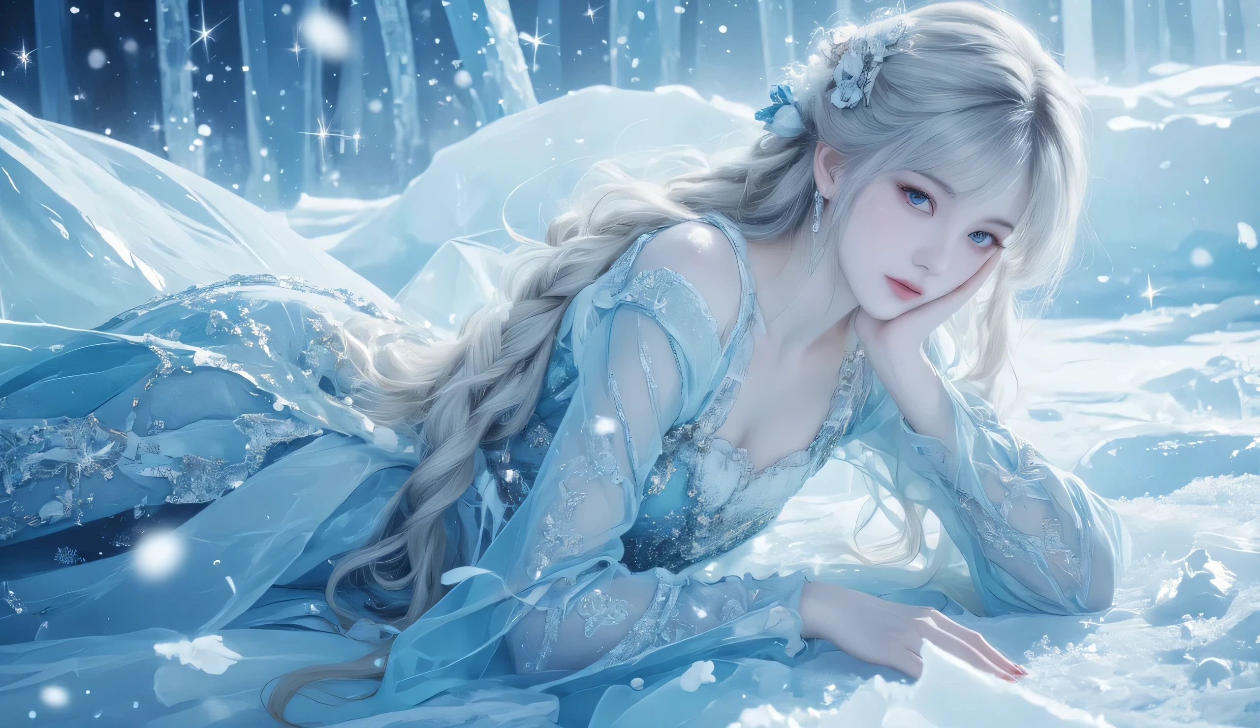 A stunning ice queen with long platinum blonde hair styled in an elegant braid, lying gracefully on a frozen surface surrounded by shimmering ice crystals. She wears a breathtaking, form-fitting icy blue gown adorned with intricate frost patterns and delicate snowflake details. Her piercing blue eyes gaze softly, exuding an aura of elegance and mystery. The background is a mesmerizing winter wonderland, illuminated by ethereal, cool-toned lighting that reflects off the ice, creating a magical, dreamlike atmosphere. Snowflakes gently float around her, enhancing the serene and majestic vibe. The composition is highly detailed, with realistic lighting, soft shadows, and a cinematic touch.