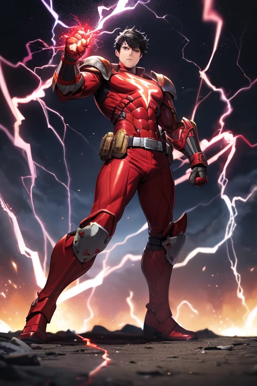 ((best quality)), ((masterpiece)), (detailed), 1 man, full body, 30s, black masks, red helmet that covers his entire head, smooth helmet, uncovered face, helmet with a flashlight on his forehead, black collar, tall and muscular, very large, red armor, 2 large tubes, transparent electricity tubes on his chest, large red gloves, red wristbands, red suit, fist emblem with lightning bolts on his chest, fist, red pants, black knee pads, metallic red boots, superhero belt, lightning bolts in the air, hitting the highway, superhero pose, lightning bolts come out, night city background, anime