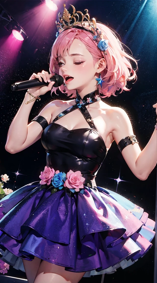 Very high image quality, high quality, masterpiece, exquisite, 16k, anime illustration, amazing proportions, short hair with white gloss with splashes in places, messy hair, half-up braided ponytail hairstyle, intelligent beauty, black glasses, glowing blue big eyes, shiny pink lips, laughing like mischief, happy, shy, huge breasts, slender, full body, tattoo, singing songPlay star-shaped electric guitar, microphone, live stage