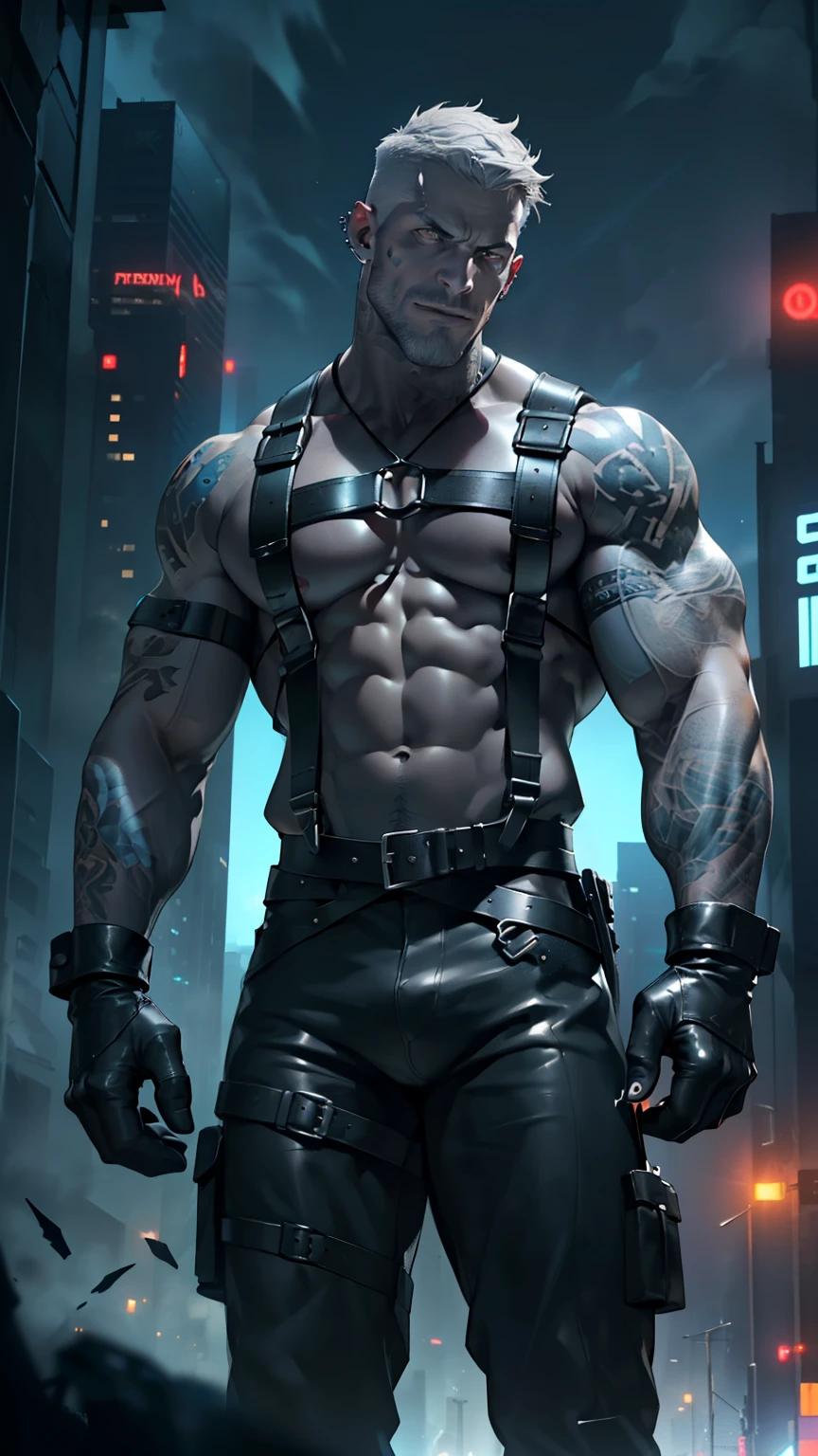 (( dark futuristic city environment )). in dim light , nighttime , pitch black , lowered head and gloomy , wicked, villain, demonic, Satanic , (( brutal executioner )), (()). A 28-year-old man , ((210 cm height )), leather blue , with a short beard, bristle , body hair, (( blue skin is confusing)), bulge, ((very big realistic bulge)). gray hair, shaved whiskey,((( I Cum Hard ))), (( military short hair )), (( short leather gloves , leather gloves )), (( leather harness )), ((piercing)). ((he is alone, he is alone)), has a very detailed ((glowing white eyes)) , covered in (( blue tattoos )), ((naked)) muscular hips . against the backdrop of a fantastic city at night .