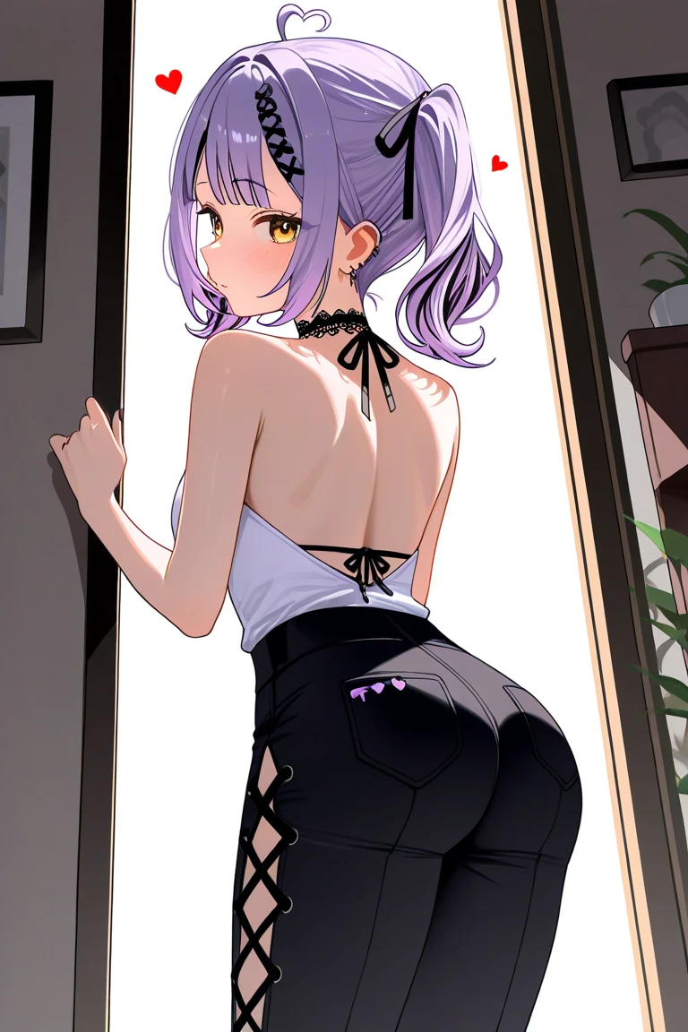Jibril, (standing), blushed, perfect anatomy, detailed eyes, detailed lips, extremely detailed eyes and face, vivid colors, sharp focus, masterpiece:1.2, ultra-detailed, blushed, ((doggystyle)), (solo), ((tie)), sleeveless, ((((ponytail)))), story, (((charecter sheet, from behind, from side))).