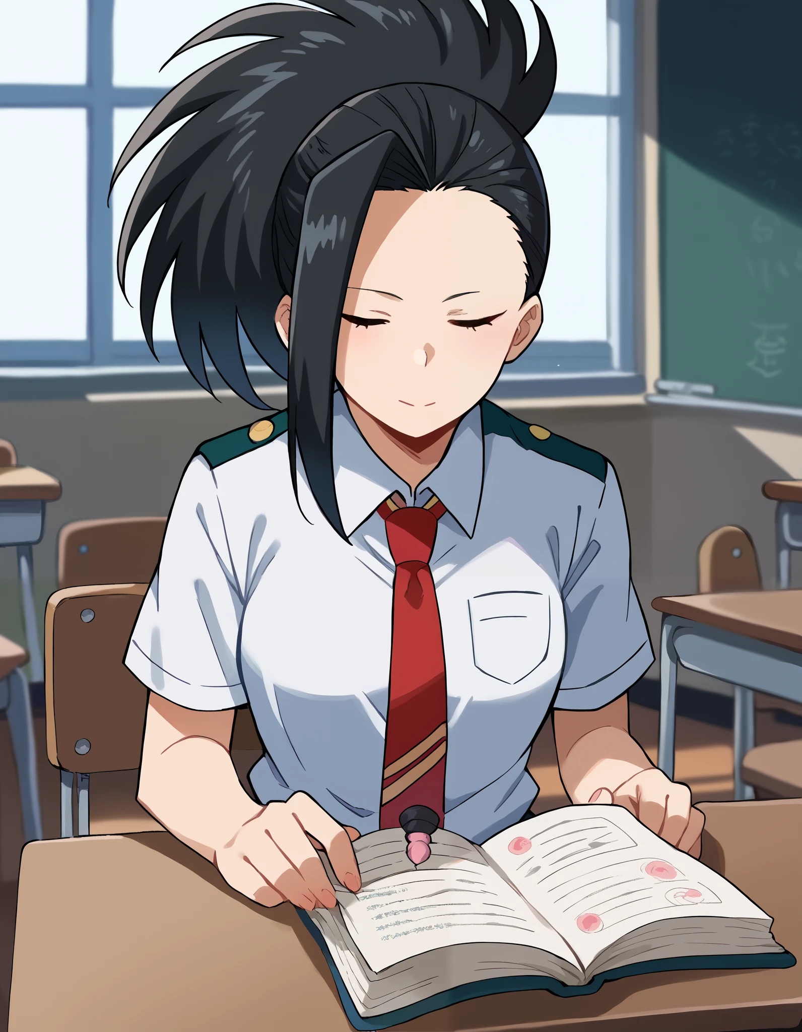 score_9, score_8_up, score_7_up, source_anime, yaoyorozumomo, yaoyorozu momo, long hair, bangs, black hair, ponytail, high ponytail, wide ponytail, shirt, school uniform, white shirt, short sleeves, necktie, collared shirt, red necktie, u.a. school uniform, indoors, classroom, sitting, chair, , cowboy shot, sleeping