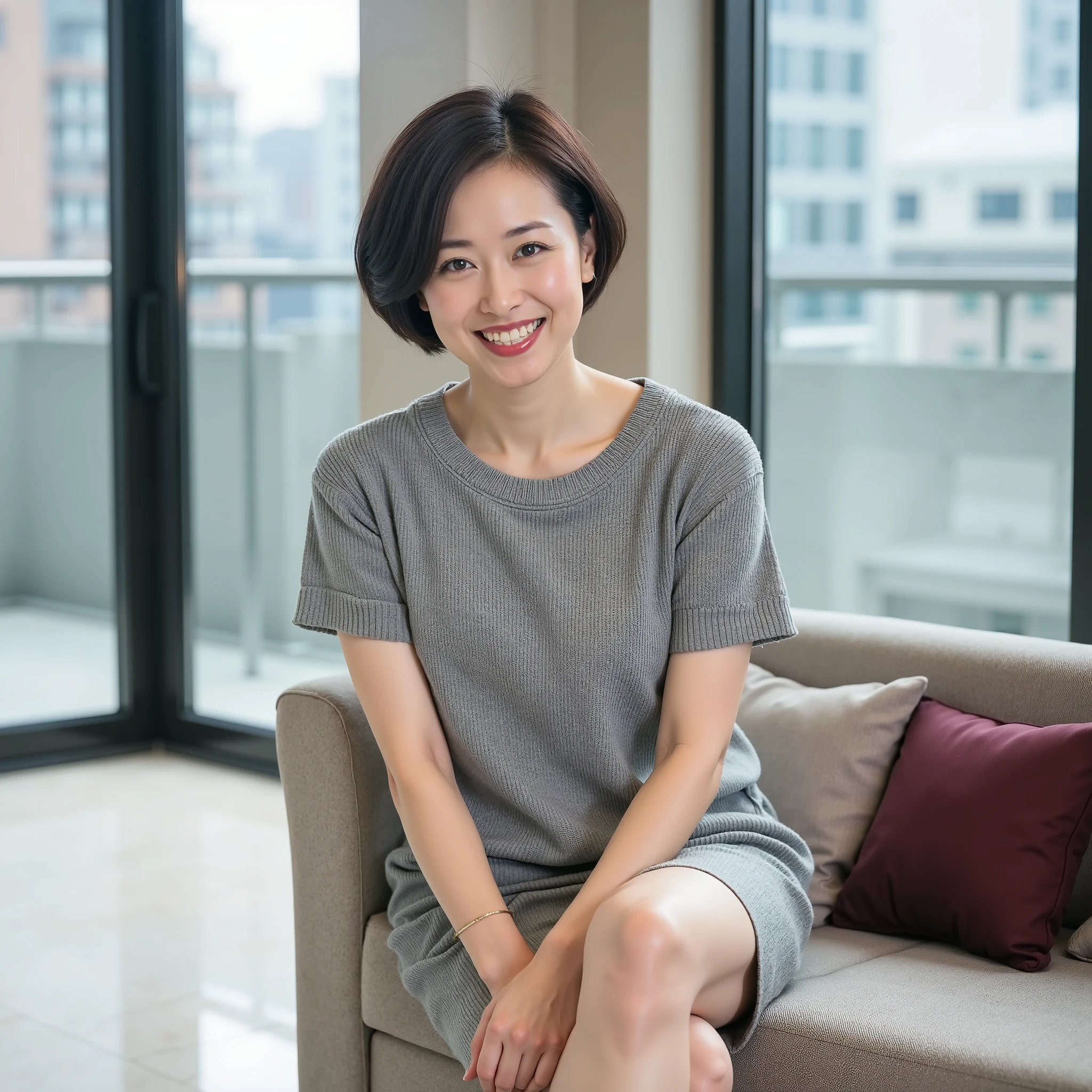 『 1 Japanese girl:1.3』『 REAL PHOTOS:1.3』 top quality:1.2、(( big breasts))、 I can see a little cleavage 、((40歳のwoman))、(( have red cheeks ))『 smiling showing teeth :1.9』、((( is anatomically correct、 perfect anatomy、 is anatomically correct指)))、 by Nomi, top quality, ultra high resolution, RAW Photo , (Curvy body)、 drawing her lips correctly 、Red lipstick、From the chest up、 top quality、 very detailed and real、Extremely thin muscles、 perfect anatomy、(1 日本 matureしたwoman)、(One person)、( Grey open-neck crew neck sweater dress:1.6)、Short sleeve、( short dark hair :2)、woman、37 years old、 mature、 cute smile、 garden background 、 are standing、( standard figure )、( D cup breasts、 upper body picture、(Modern office building lobby :1.6)、(Marble floor:1.5)、 Sitting on a sofa with feet together 、(Large window in the background、You can see the office building next door.。)