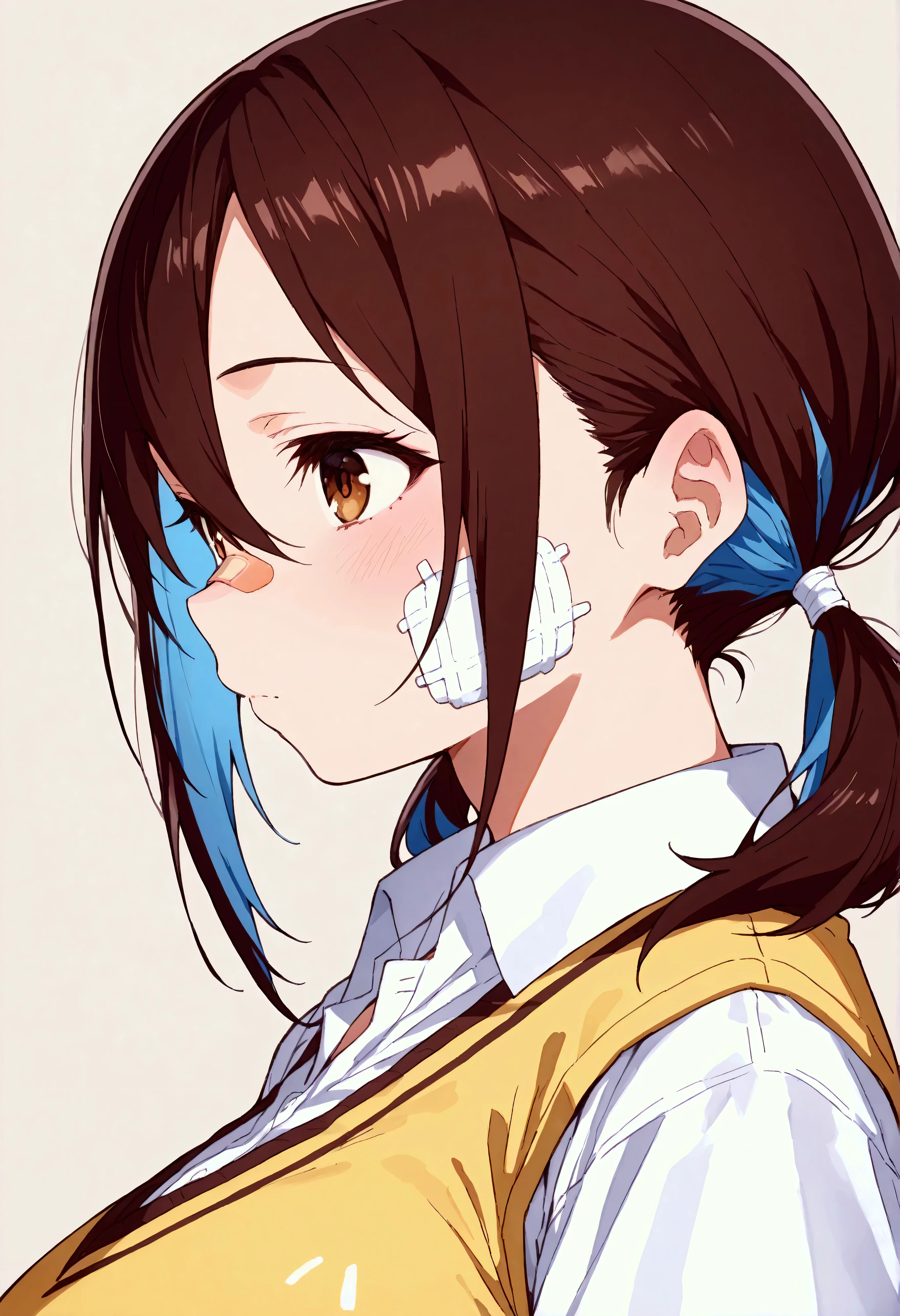 (8K),(absurdres),(crisp quality),(rich contrast),(sharp focus),(best quality),(high resolution),(Looking delighted),(masterpiece),(detailed face),(illustration),(ultra detailed),(rich contrast),(a best quality illustration),(a masterpiece of a woman with ultra detailed features, in 8K resolution, with crisp quality and vibrant colors),(detailed eyes),(perfect eyes),(ultra detailed eyes),((nice hands)),((perfect hands)),((gleaming skin)),((shiny skin),((best quality)),((high resolution)),((ultra-high resolution)),((masterpiece)),((ultra detailed)),((illustration)),((an extremely delicate and beautiful))((detailed face)),((perfect eyes)), score_9, score_8_up, score_7_up, score_6_up,source_anime, masterpiece, best quality,1girl, bandaid, solo, bandaid on face, bandaid on nose, long hair, closed mouth, portrait, blue hair, bangs, profile, twintails, collared shirt, shirt, white shirt, bandaid on cheek, simple background, grey background, hair between eyes, from side, honoka hara, short hair, brown hair, hair between eyes, twintails, brown eyes, low twintails, short twintails, plump, chubby body, thick arms, thick thighs, fat rolls, fat, fat rolls, (big belly), large breasts, skirt, shirt, school uniform, white shirt, short sleeves, pleated skirt, collared shirt, blue skirt, sweater vest, ((4k,8k,Ultra HD)),((Masterpiece :1.2)),((Best quality :1.2)),((Detailed :1.5)),((Detailed background :1.5))