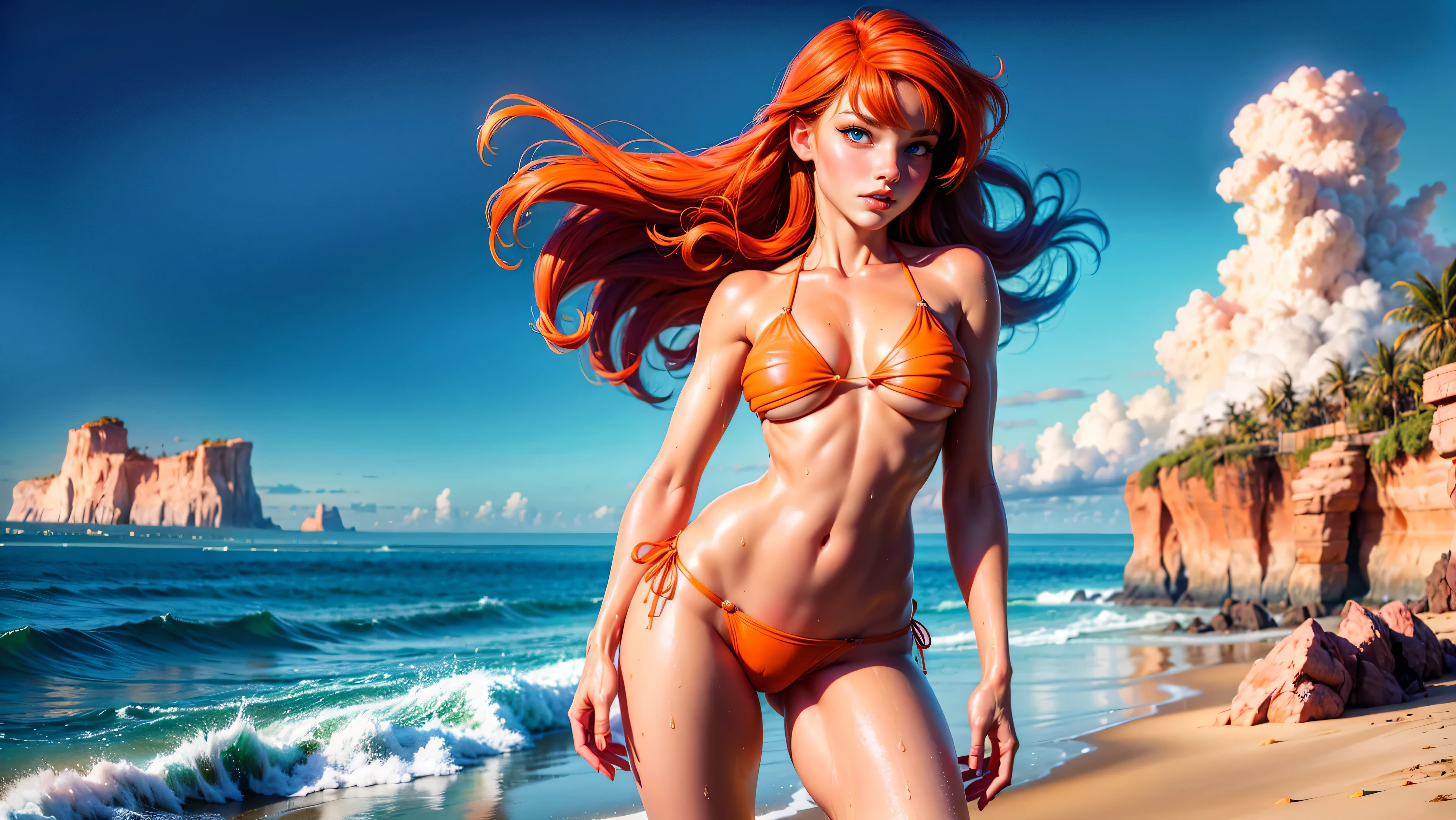 ((1girl, solo)), standing in the water at the beach, young girl, cute girl, Ariel, ((skinny, petite)), ((orange-red hair)), ((pastel colors)), ((wet, wet bikini)), ((tight bikini top)), midriff, ((hard nipples)), ((top barely covering her breasts)), ((underboob)), ((perky breasts)), looking at viewer, sexy, bikini low on hips, cowboy shot, (full body portrait), beautiful lips, sexy mouth, ribbon, hair ribbon, bangs, upper body, blue eyed, bangs, ribbon, tropical background, sunset, island life,
