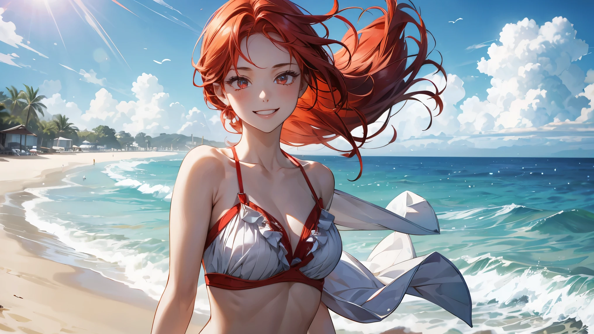 (high resolution, upper body, soft skin:1.2),(best illustration,masterpiece:1.2),ultra-detailed,[(cat ears , red inside:1.2, red braided hair, blue cat eyes),vivid colors,sharp focus, sunlight,bokeh, wearing a checkered bikini, beach background, smiling, looking cose to camera