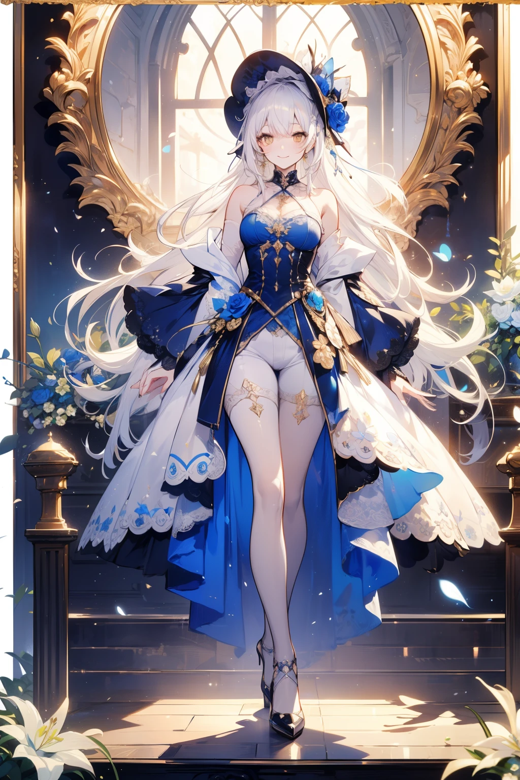  Character Sheet, golden eyes, white hair,whole body,blue and white Victorian style  dress,   undulating , dress, Photo Frame, Alone, flower, bonnet,  long hair,  gradation shirt that Furakana has , bow, blue roses,White Lily, Magical Atmosphere ,smile,witch, hot pants, high heels, glamour,