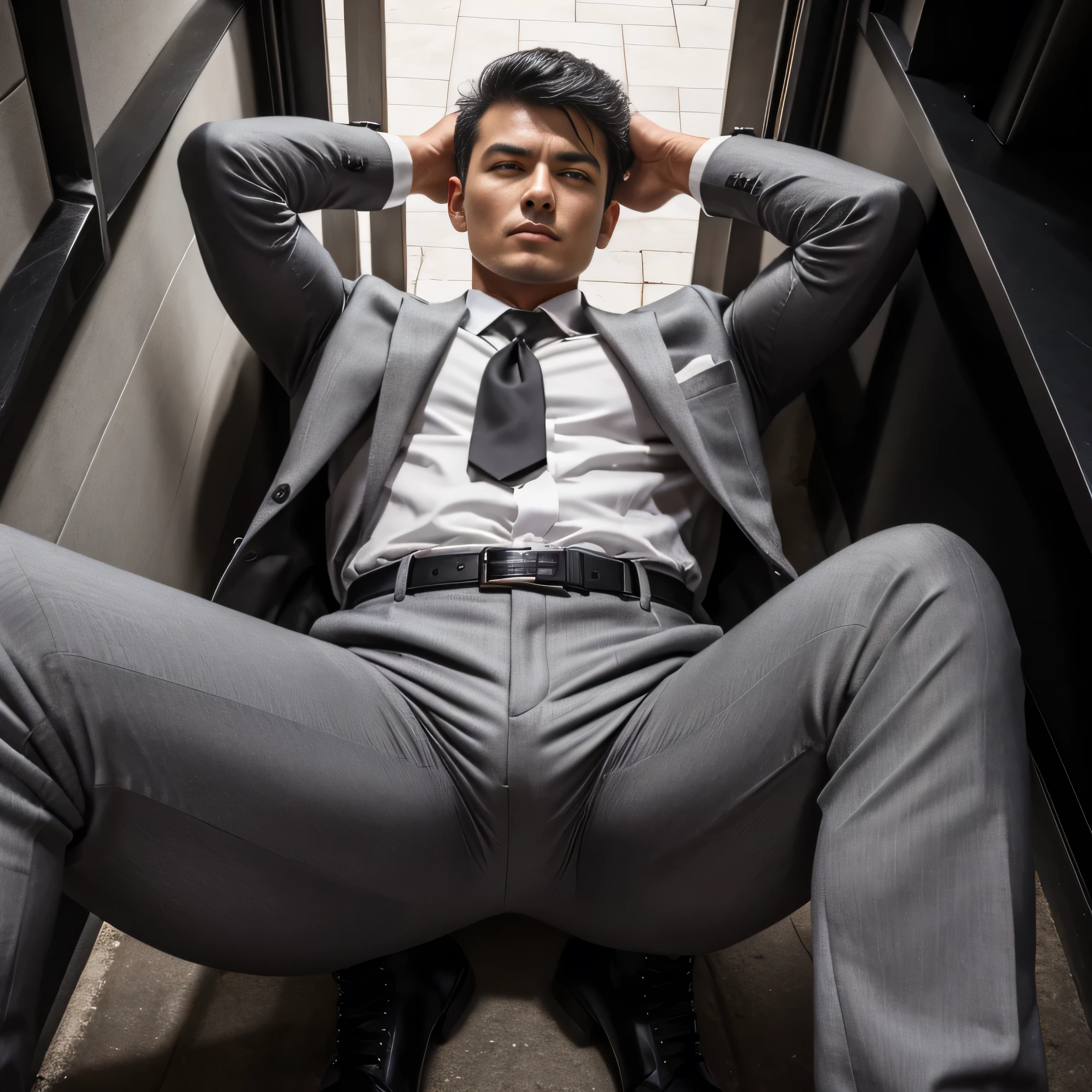 50 years old,One Man, Shrimp、 gray suit、black tie、grey slim pants 、In front of the gate、 Gunfight、 logic, Gay, black hair、Short Hair。 very short hairstyle、Five Minute Shearing Head Ah, the face of fear of Arabians Yakuza Team member Open Your Legs and Hold a Handgun、 upper body up grey slim pants grey slim pants sleeping pants chuck Hermès belts black boots Seen From Below upper body up black gloves