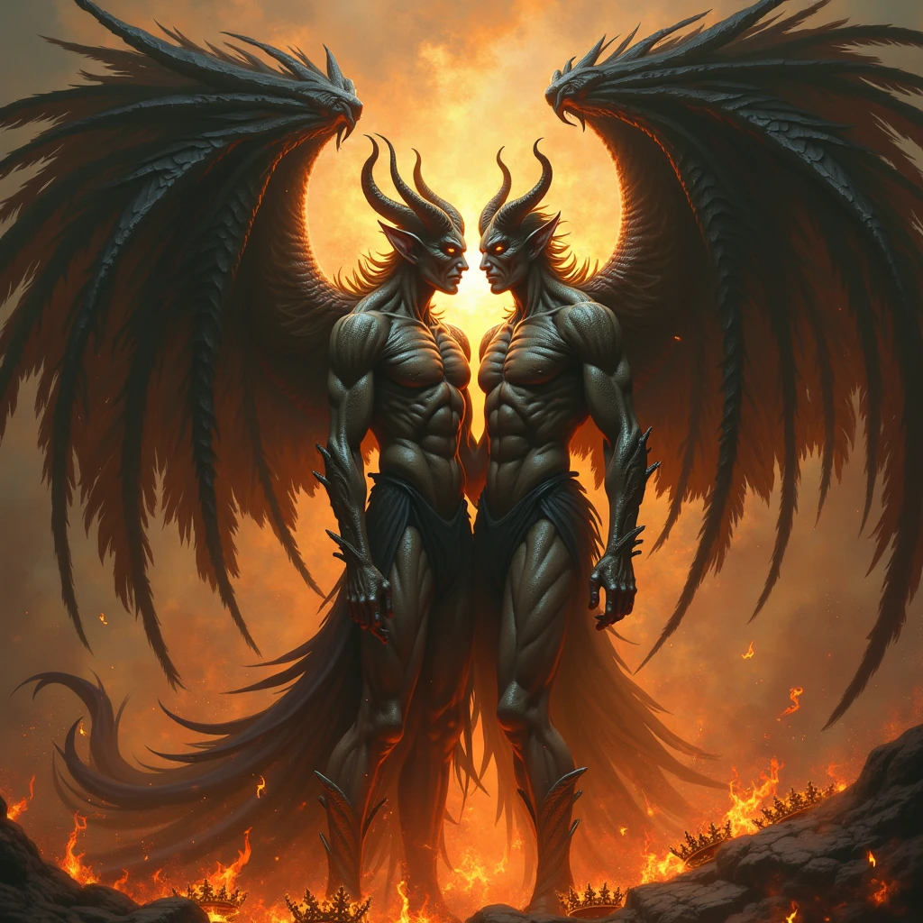 Two men hiding their genitals, they are in the desert, they have black hair and brown eyes, they have devil's horns on their heads and devil wings on their backs