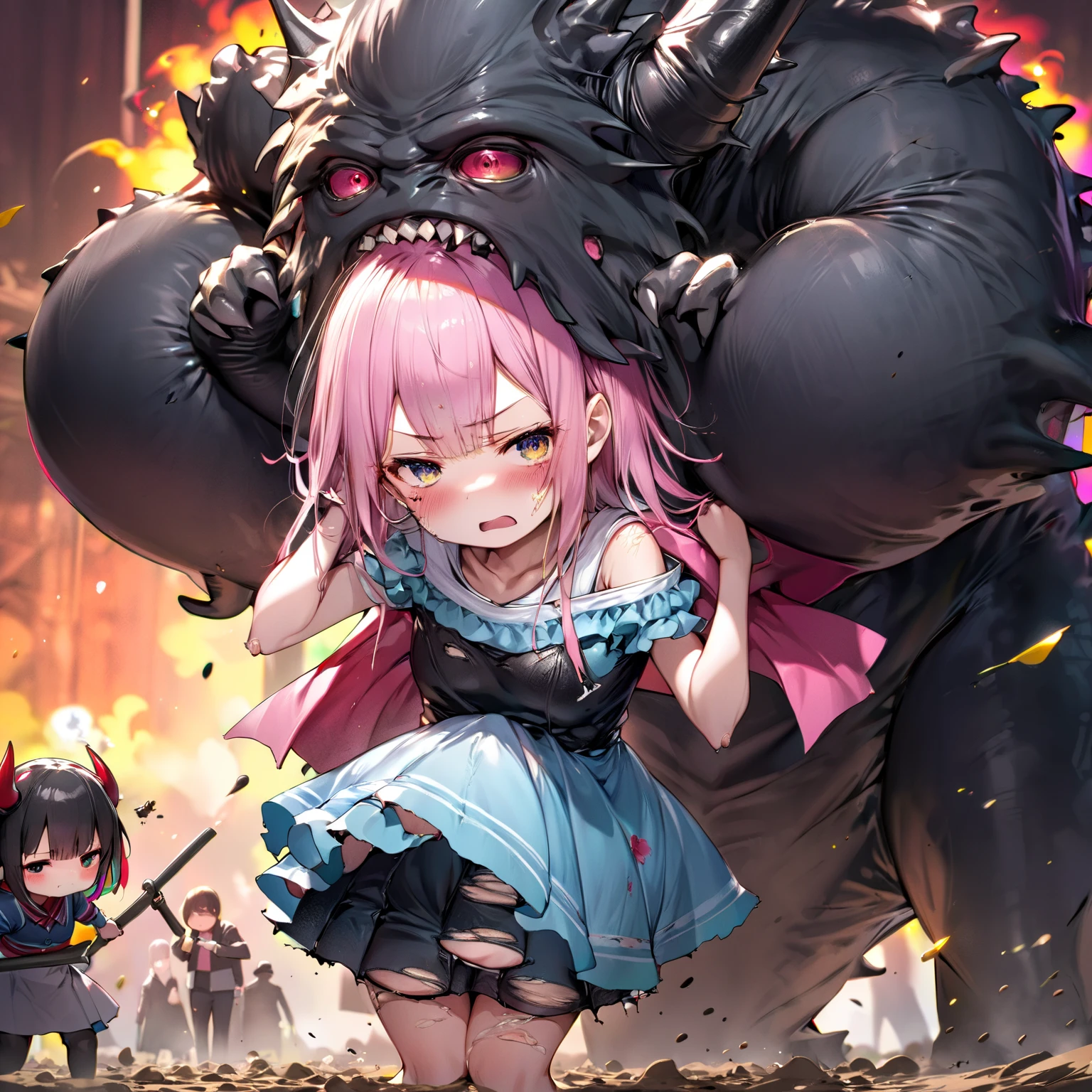 (award winning 8k official art:1.3) of (mad giant zombie (chibi:1.1) gtsgiga, open mouth, monstrous, breaking:1.3), angry, kawaii, cute colors, ferocious, good fingers, night, extremely detailed background, sweet, front, epic, (masterpiece:1.4), (best quality:1.4), Amazing, beautiful, finely detailed, (Depth of field:1.4), extremely detailed 8k, stunning, (light reflections:0.5), (crisp:1.5), red twin tails, vibrant, (edge detection:1.2), absurdres, impressive, 120mm, clear, powerful